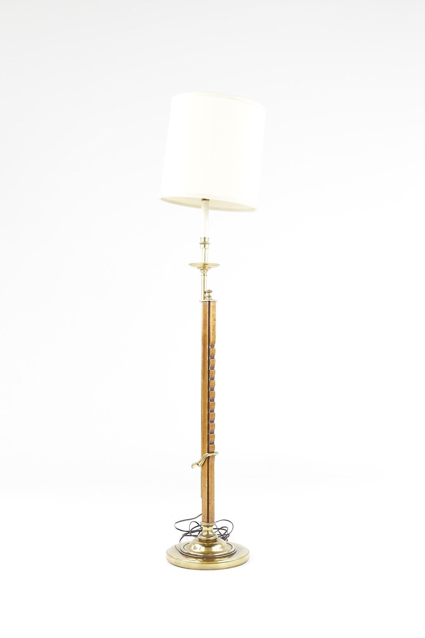 Mid-Century Modern Frances Elkins Style Mid Century Brass and Burlwood Adjustable Floor Lamp For Sale