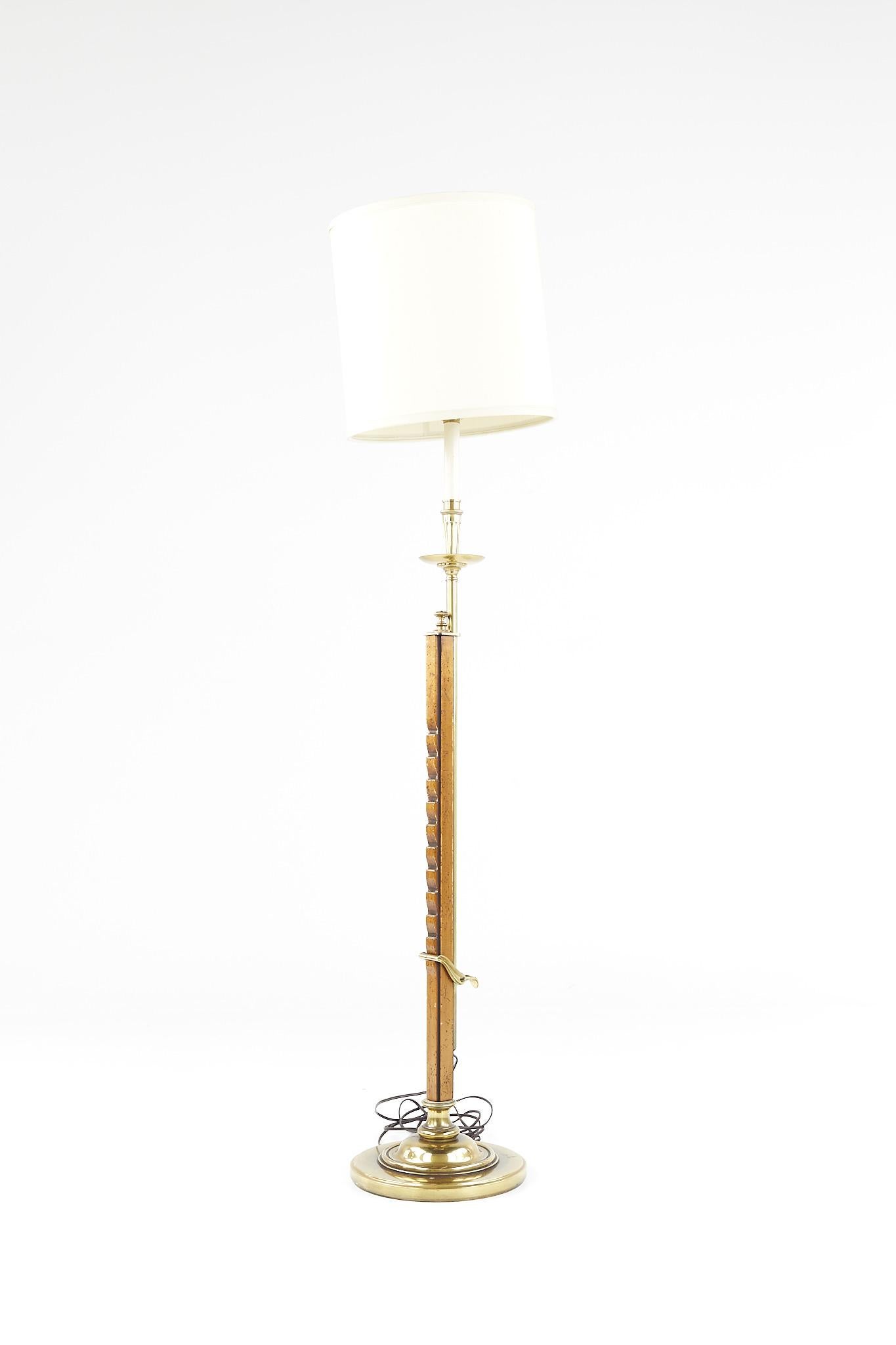 American Frances Elkins Style Mid Century Brass and Burlwood Adjustable Floor Lamp For Sale