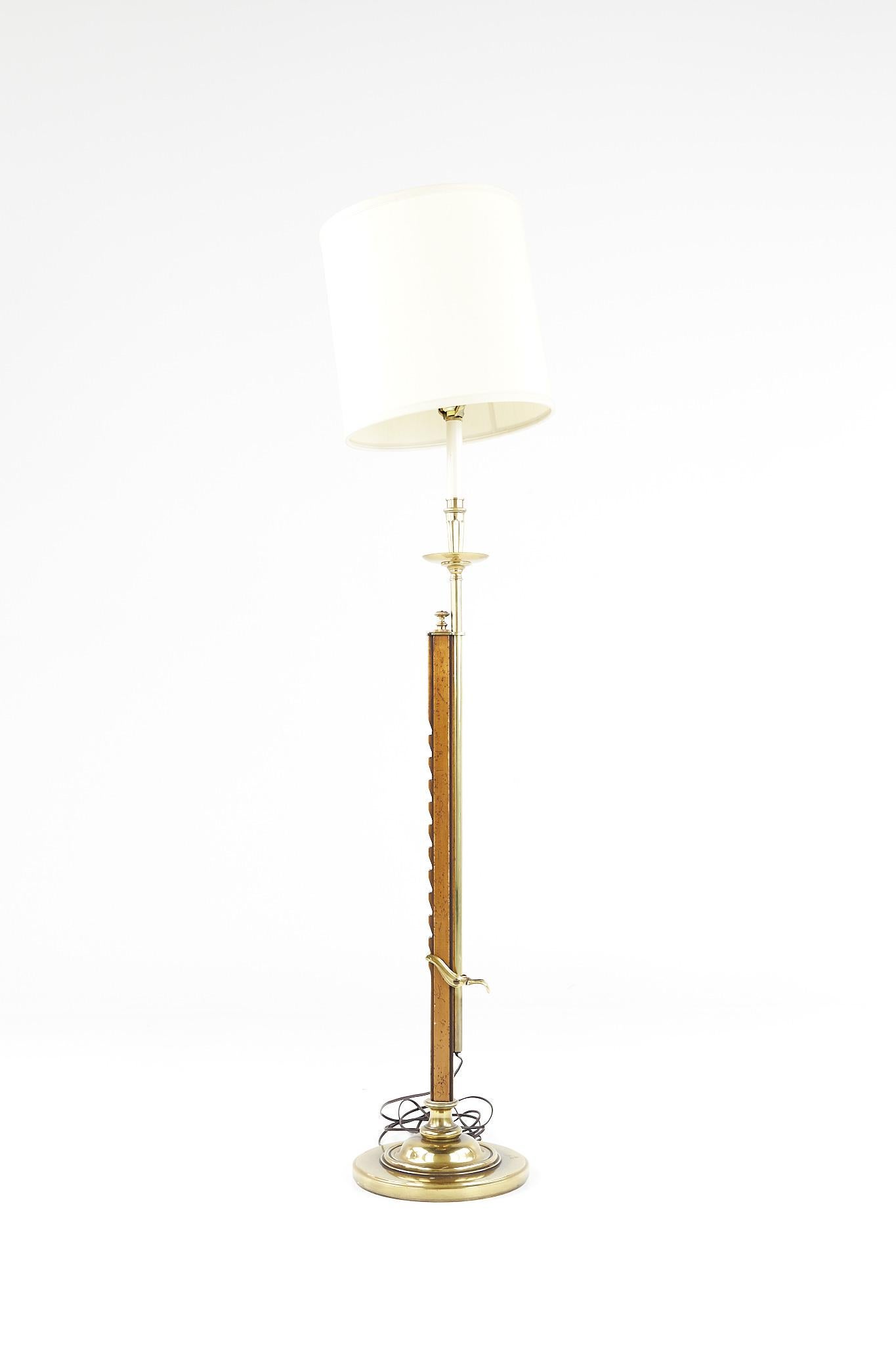 Frances Elkins Style Mid Century Brass and Burlwood Adjustable Floor Lamp In Good Condition For Sale In Countryside, IL