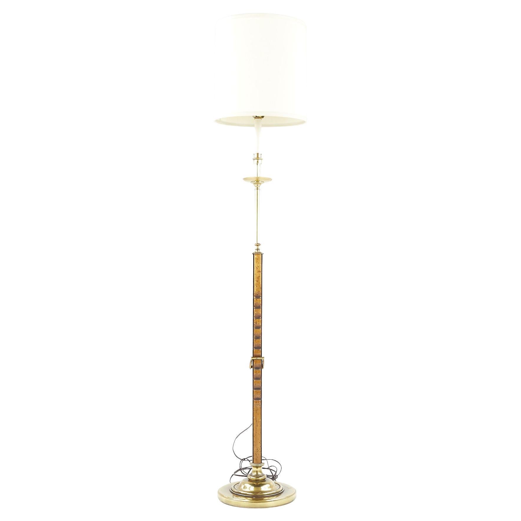 Frances Elkins Style Mid Century Brass and Burlwood Adjustable Floor Lamp For Sale
