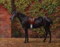 Ein Pferd in einem ummauerten Innenhof Antikes Ölgemälde von F. M. Hollams
