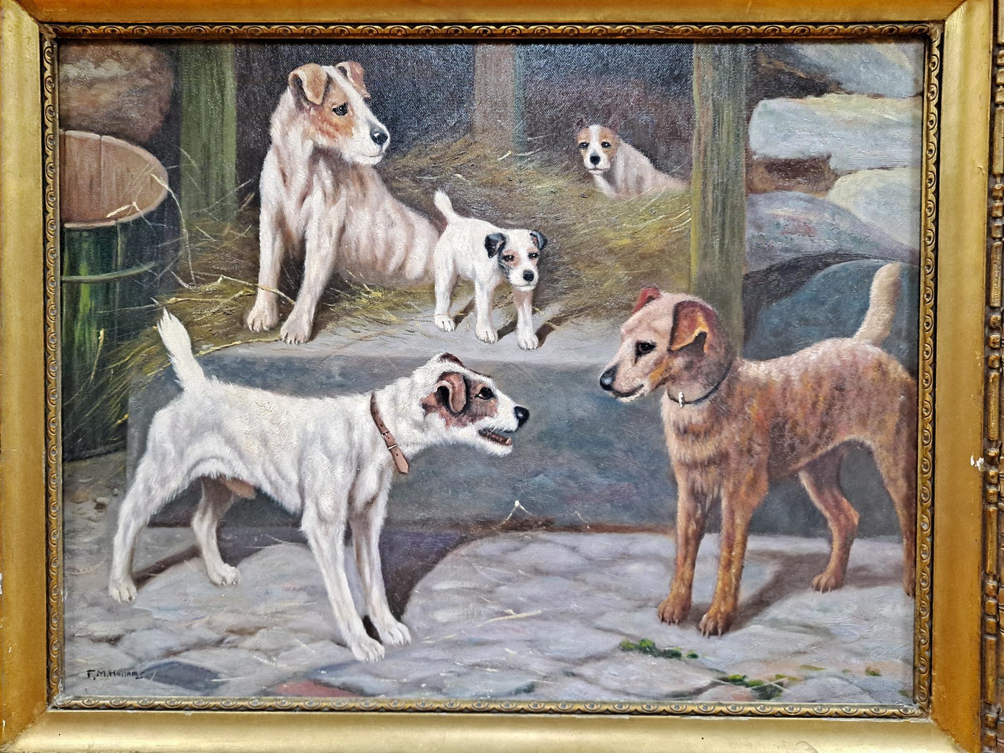 F. M. Hollams (1877-1963) Jack Russells in a Barn Oil on Canvas Board Painting   For Sale 1