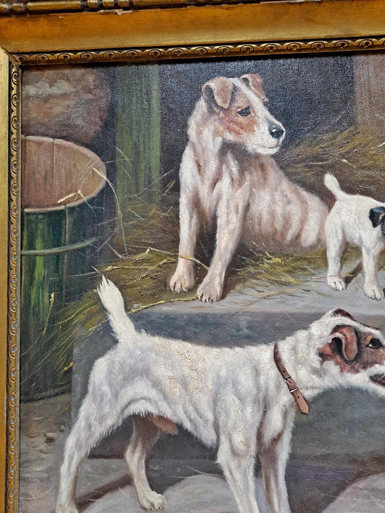 F. M. Hollams (1877-1963) Jack Russells in a Barn Oil on Canvas Board Painting   For Sale 3