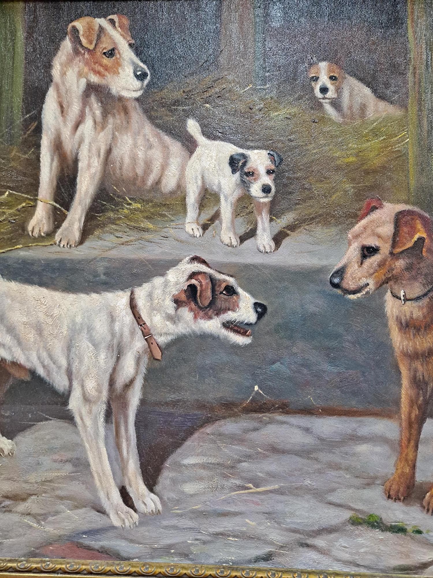 F. M. Hollams (1877-1963) Jack Russells in a Barn Oil on Canvas Board Painting   For Sale 4