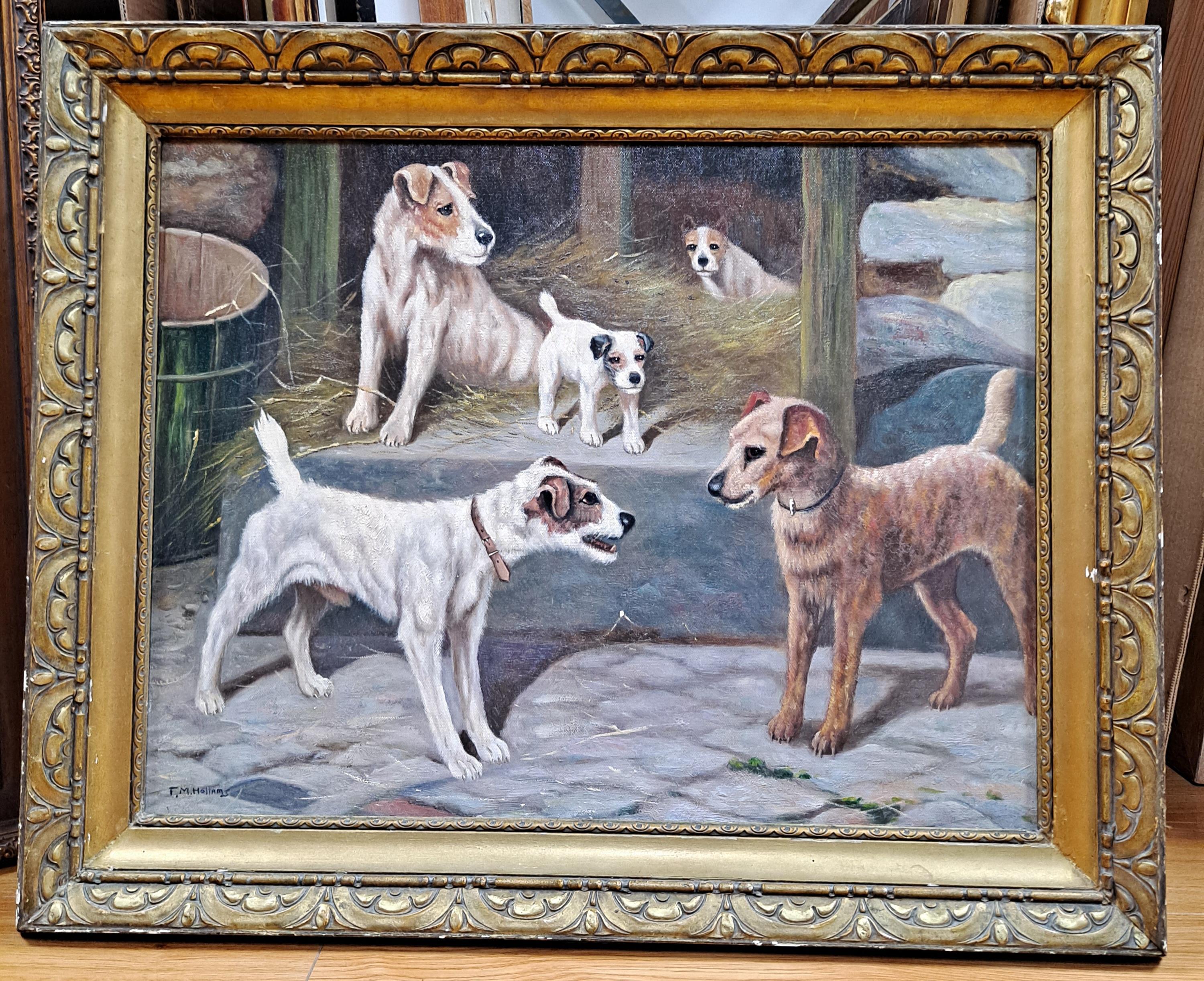 Frances (Florence) Mabel Hollams Animal Painting - F. M. Hollams (1877-1963) Jack Russells in a Barn Oil on Canvas Board Painting  