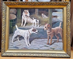F. M. Hollams (1877-1963) Jack Russells in a Barn Oil on Canvas Board Painting