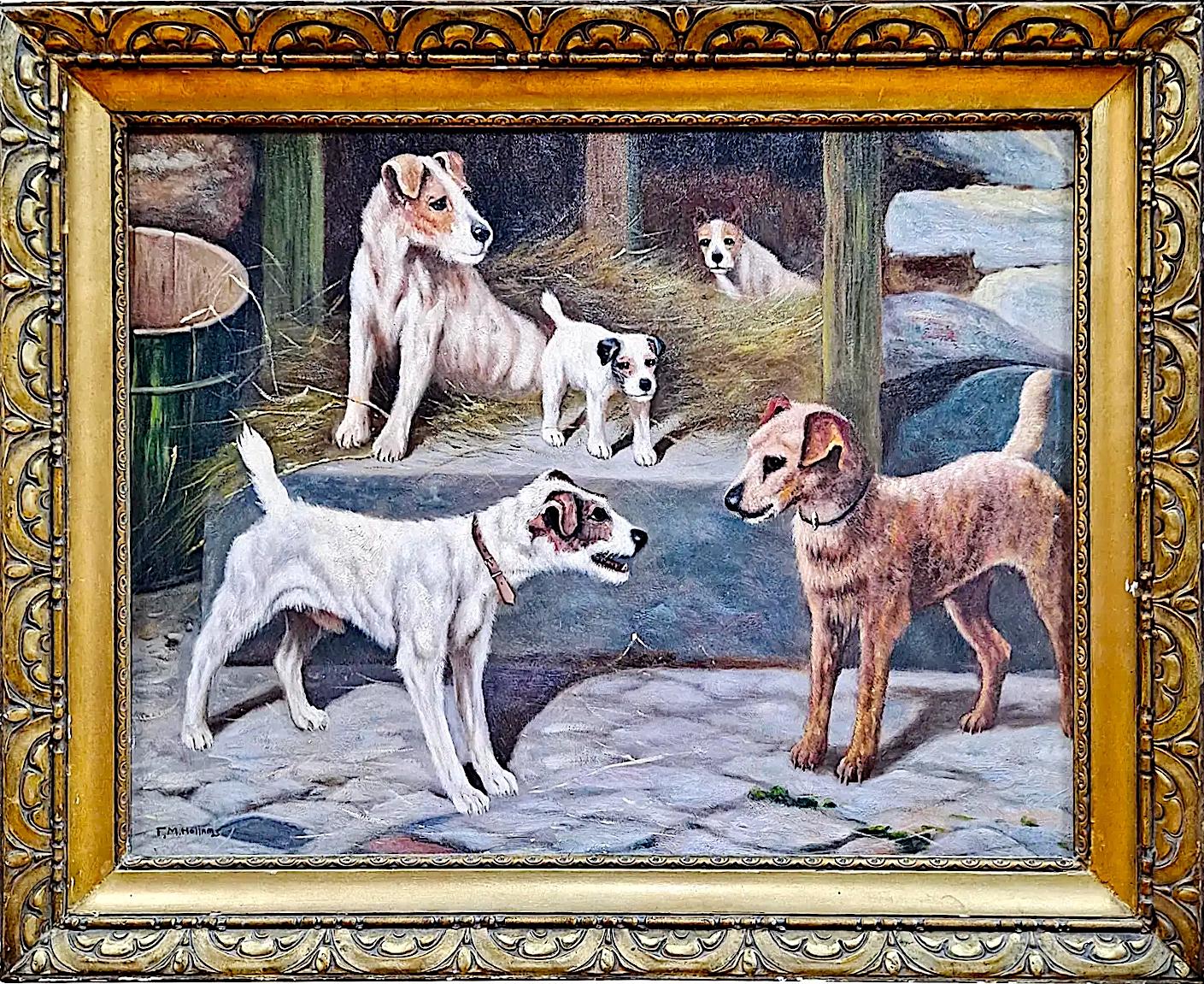Frances (Florence) Mabel Hollams Animal Painting - "Jack Russells in a Barn"