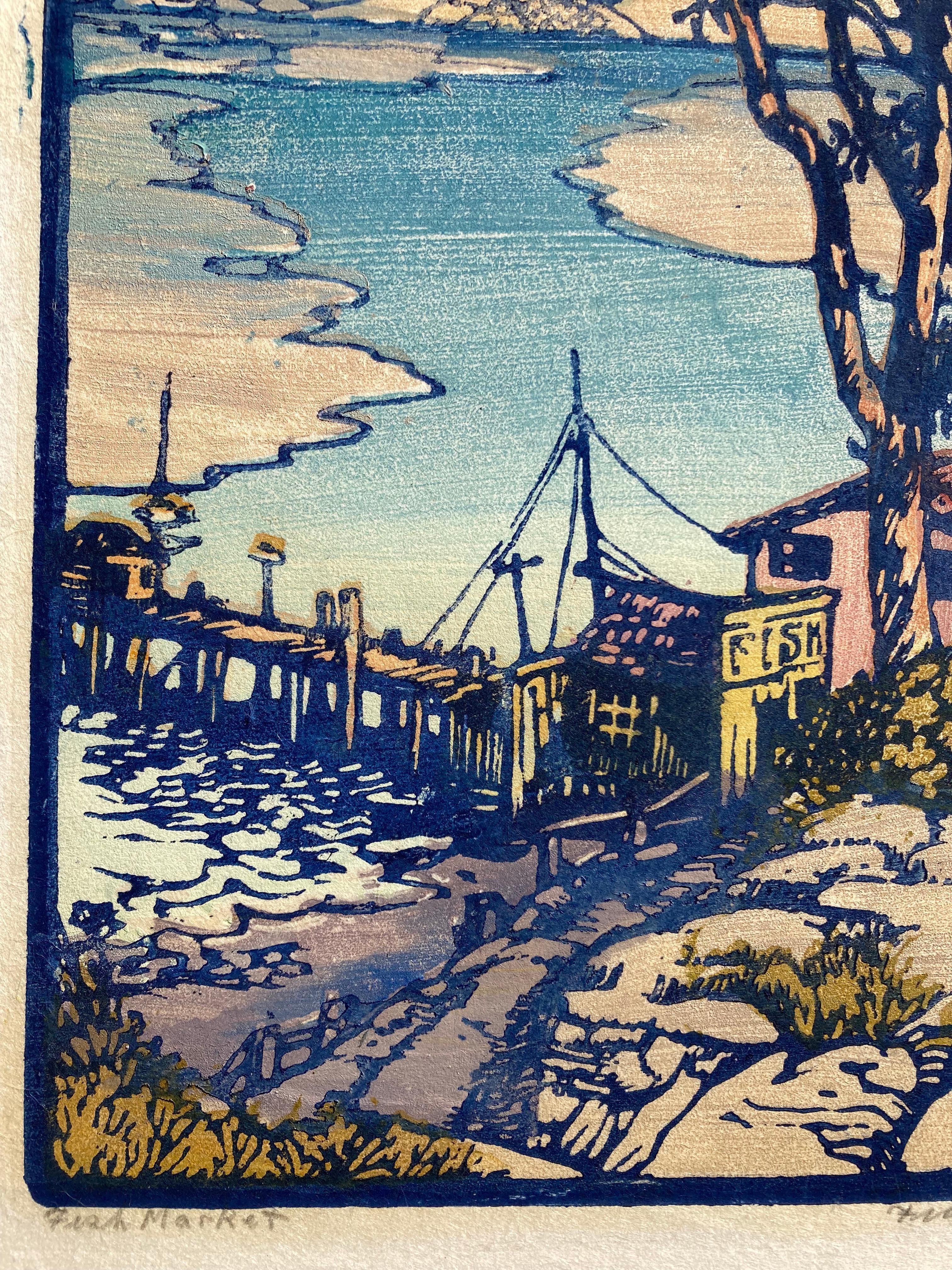 FRANCES H. GEARHART (1869 - 1958)

MERCATO DEL PESCE 1930
Stampa a blocchi di colore, firmata e intitolata a matita. Immagine 11 x 9 pollici. Foglio intero con bordi deckle 14 3/8 x 10 3/8 pollici. Condizioni molto buone con una traccia del consueto