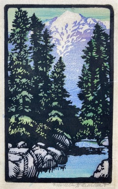 Gravure sur bois en couleur représentant San Jacinto, impressionniste américain, CIRCA 1926