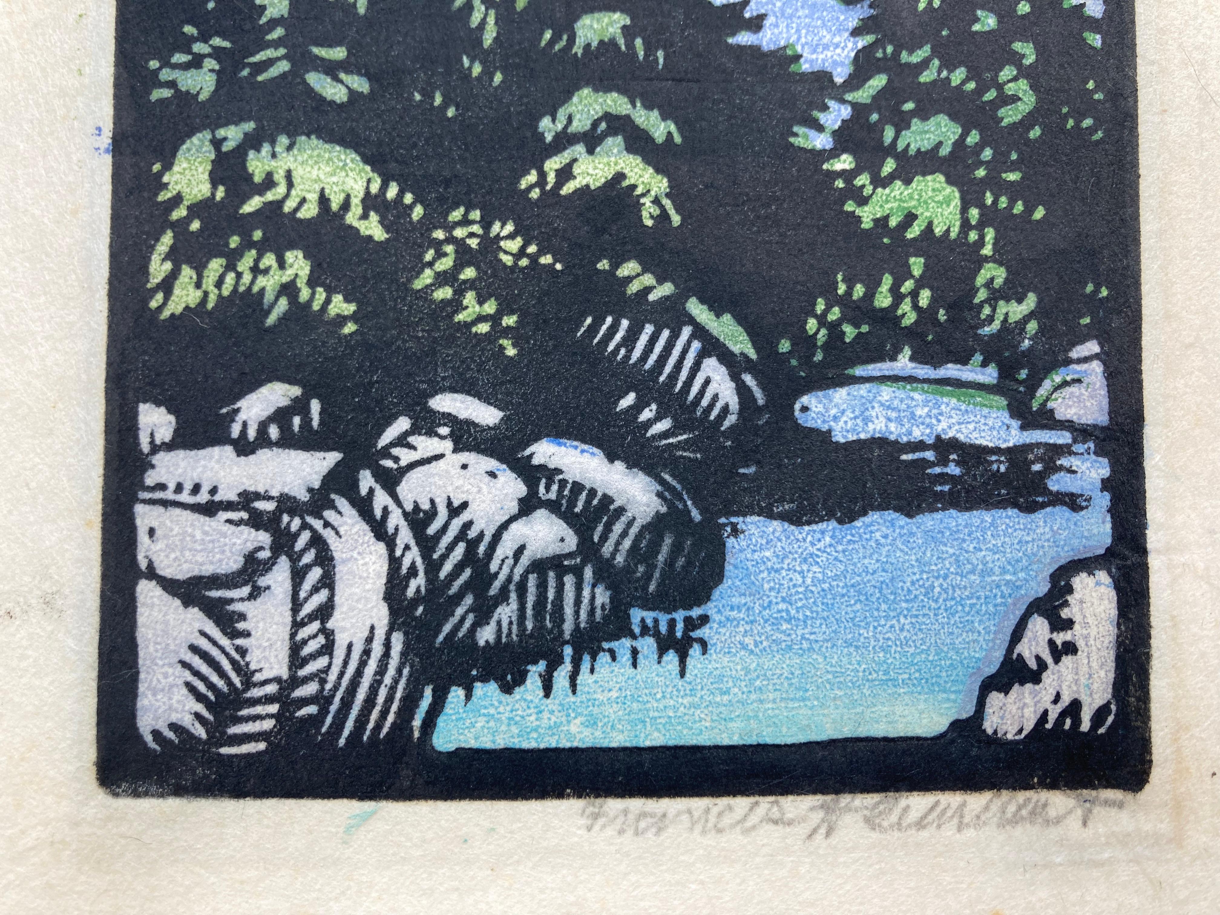 
FRANCES H. GEARHART (1869-1958)

(Mt.) SAN JACINTO c. 1926 
Imprimé en blocs de couleur. Signé au crayon. Édition inconnue mais peu courante. Image 6 5/8 x 4 1/8 pouces. Sur le papier japonais fibreux typique de Gearhart. Feuille de 10 ½ x 5 7/8