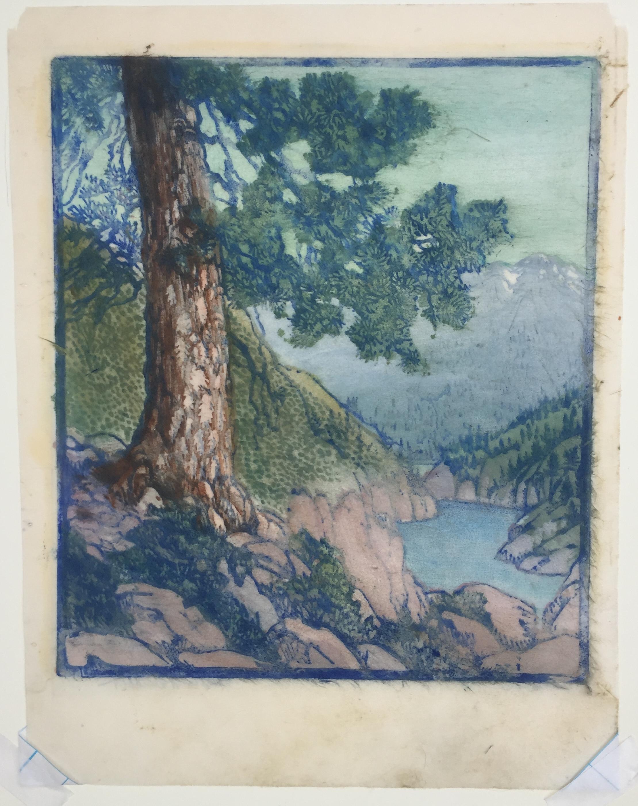 THE OLD PINE - Very Good Large Scale Work by a Master of the Color Block Print - Gray Landscape Print by Frances H. Gearhart