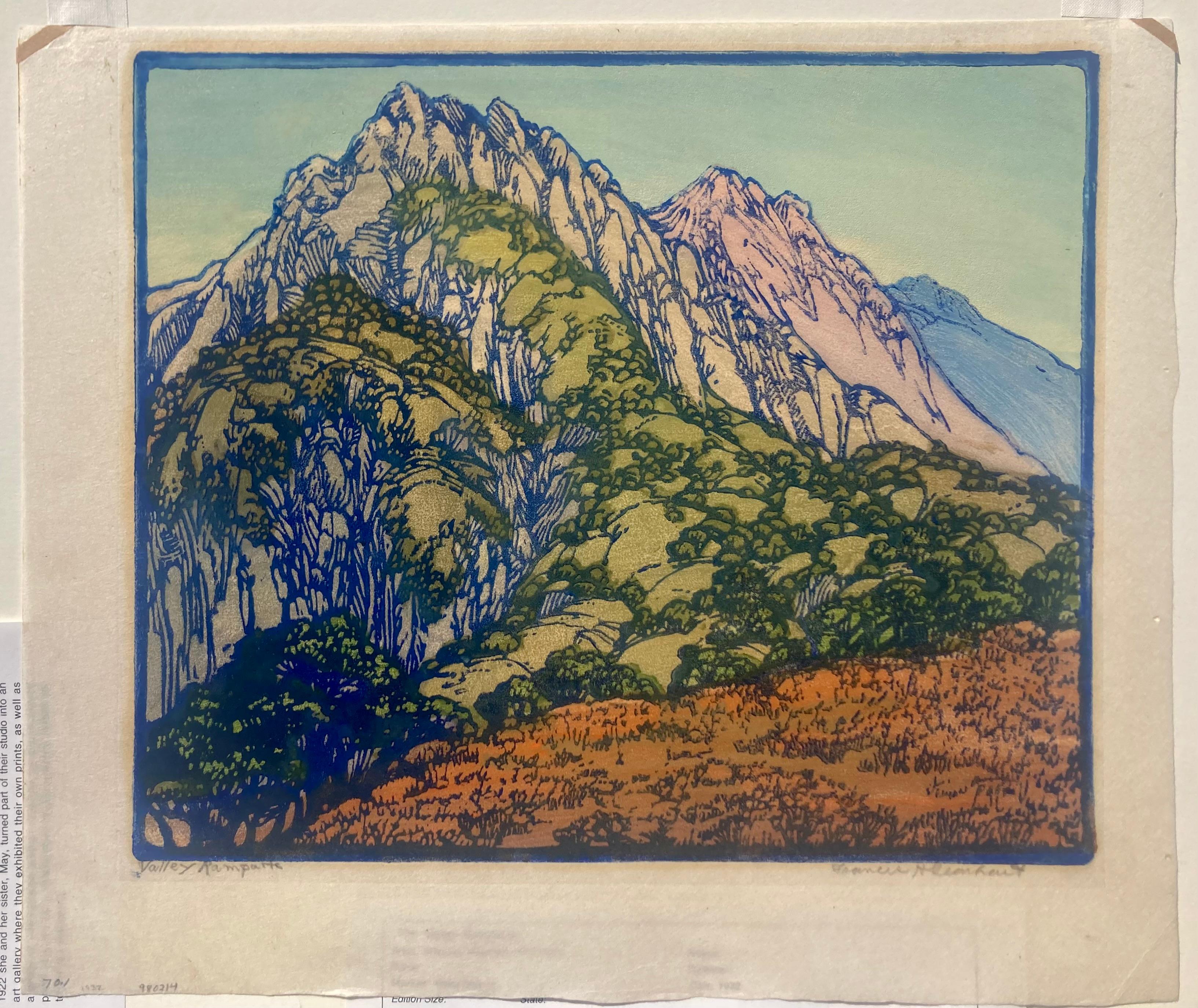FRANCES H. GEARHART (1869-1958)

BASTIONI DELLA VALLE 1933
Stampa a blocchi di colore, firmata e intitolata a matita. 10 1/8 x 12 pollici. Molto grande e buona impressione In generale buone condizioni. Probabile foglio intero, 12 1/4