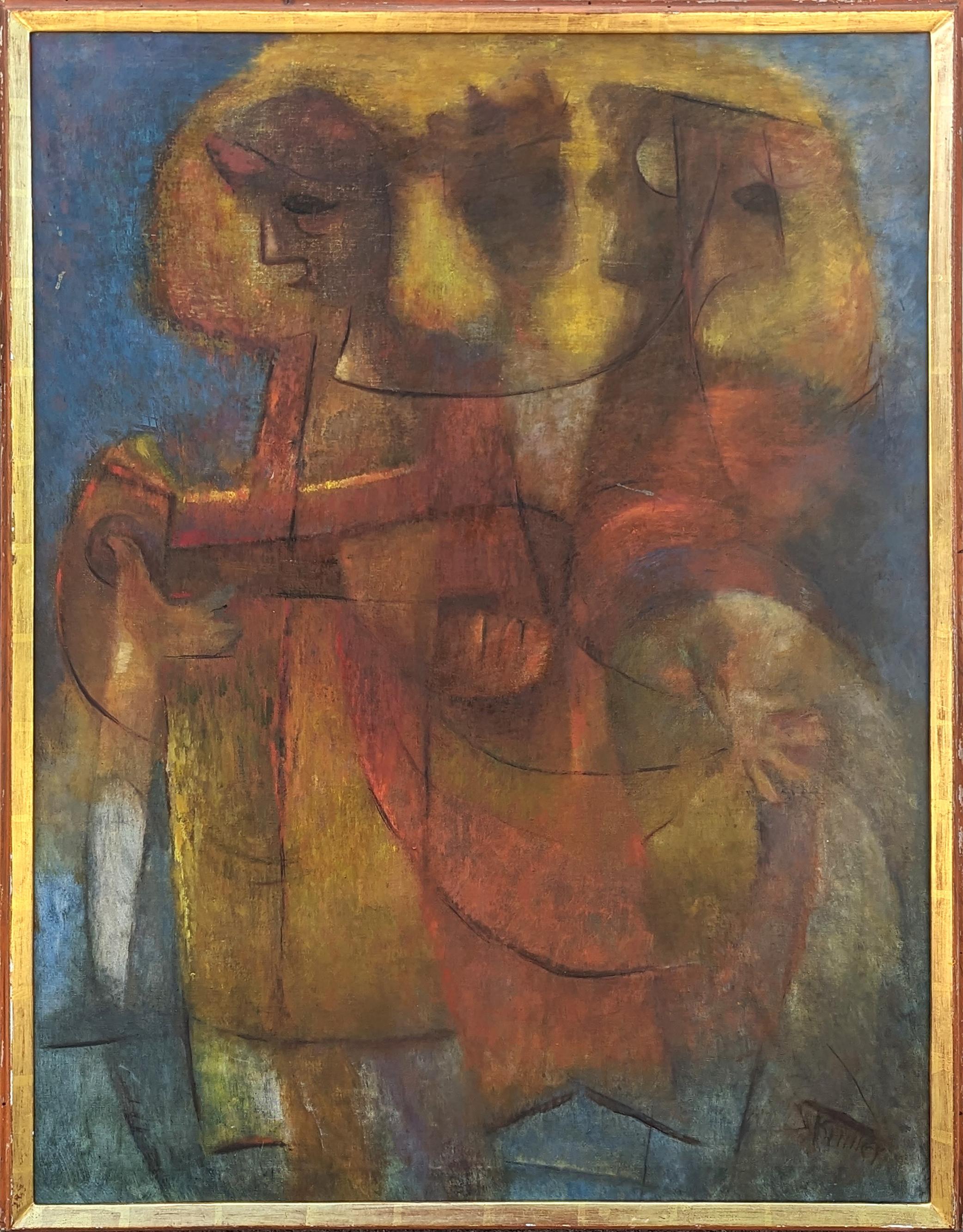 "Carnival" Early Texas Modern Orange and Blue Toned Figurative Cubist Painting