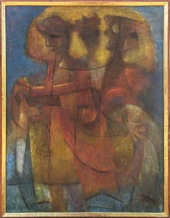 "Carnival" Early Texas Modern Orange and Blue Toned Figurative Cubist Painting