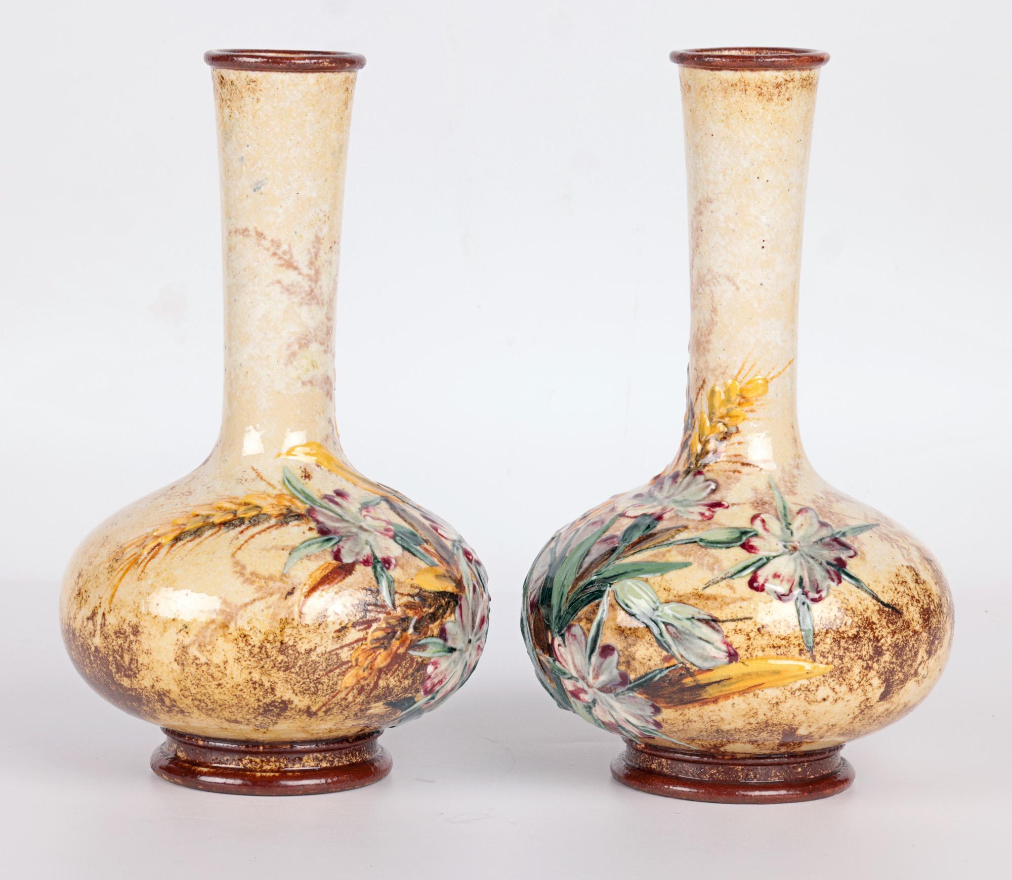 Frances Linnell Rare Doulton Lambeth Pair Impasto Floral Vases 2