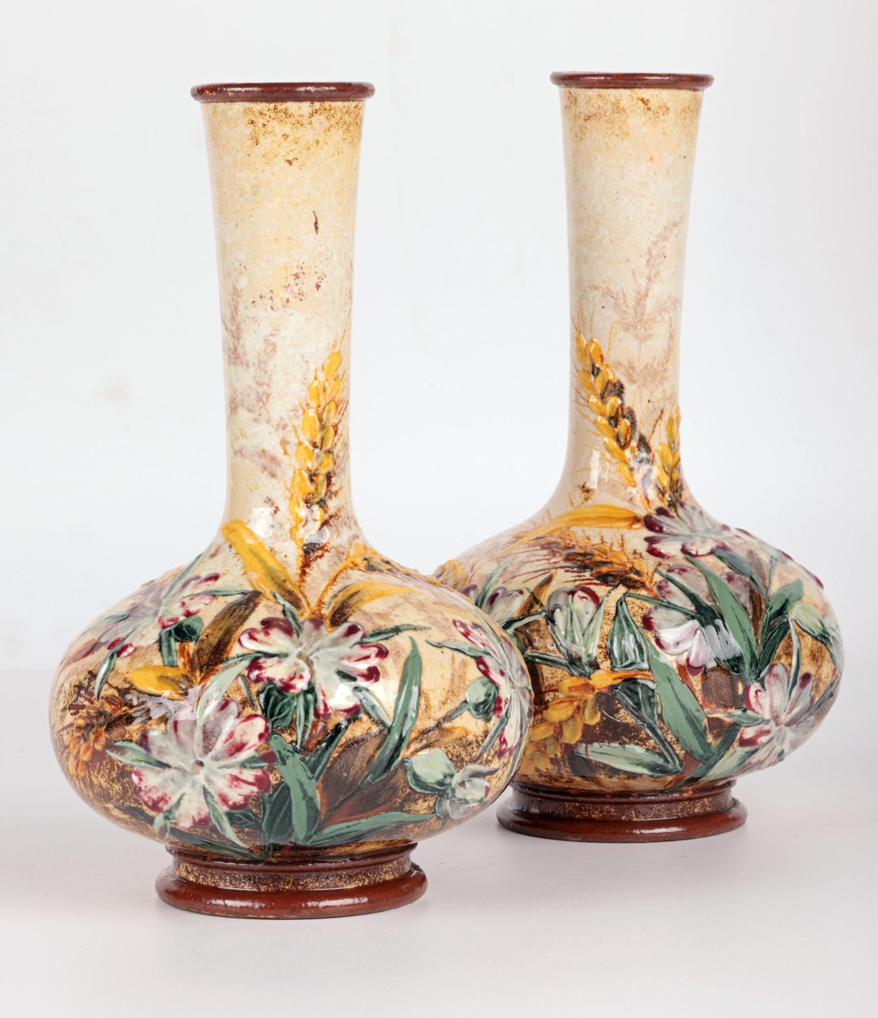 Frances Linnell Rare Doulton Lambeth Pair Impasto Floral Vases 7