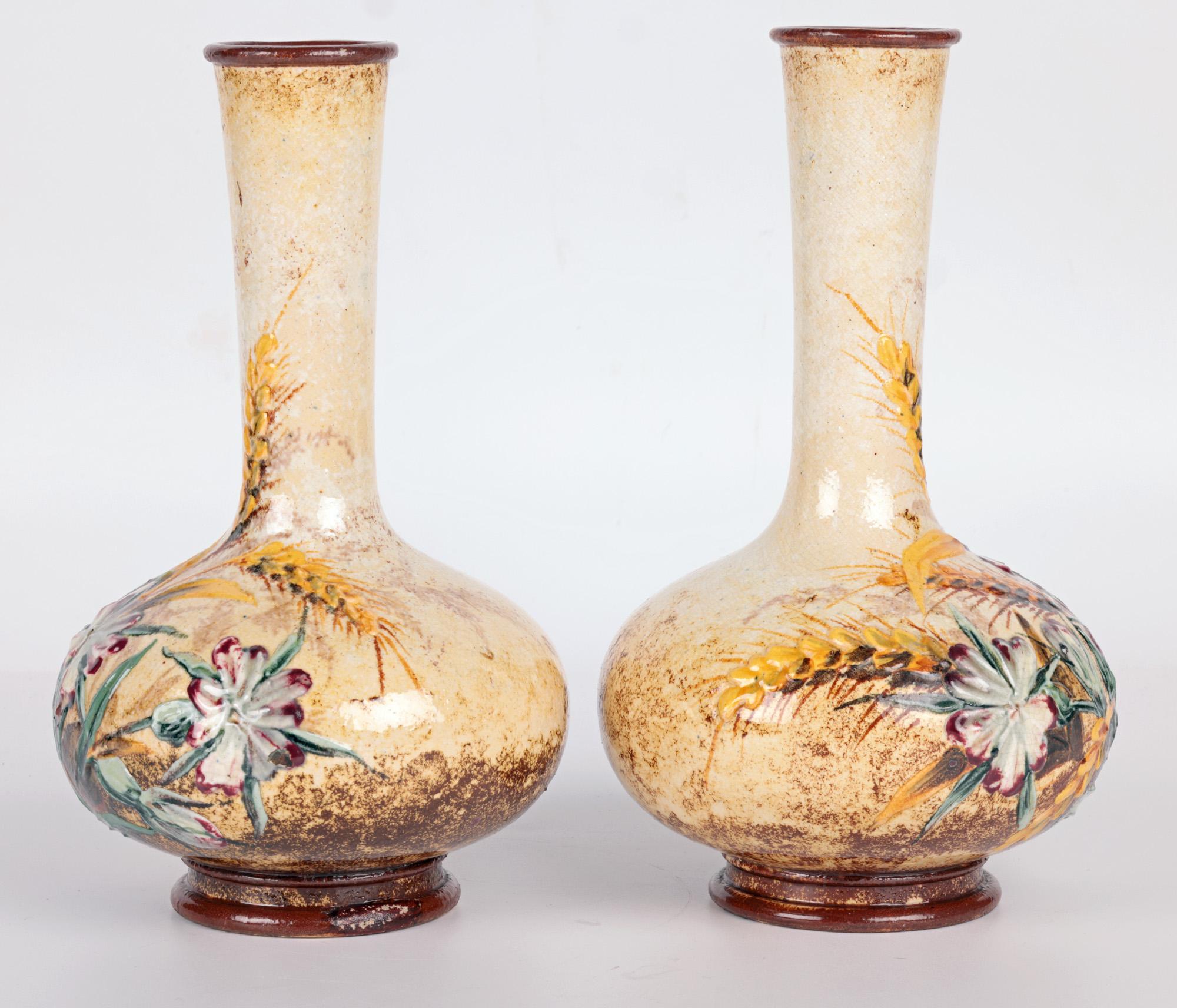 Frances Linnell Rare Doulton Lambeth Pair Impasto Floral Vases 9