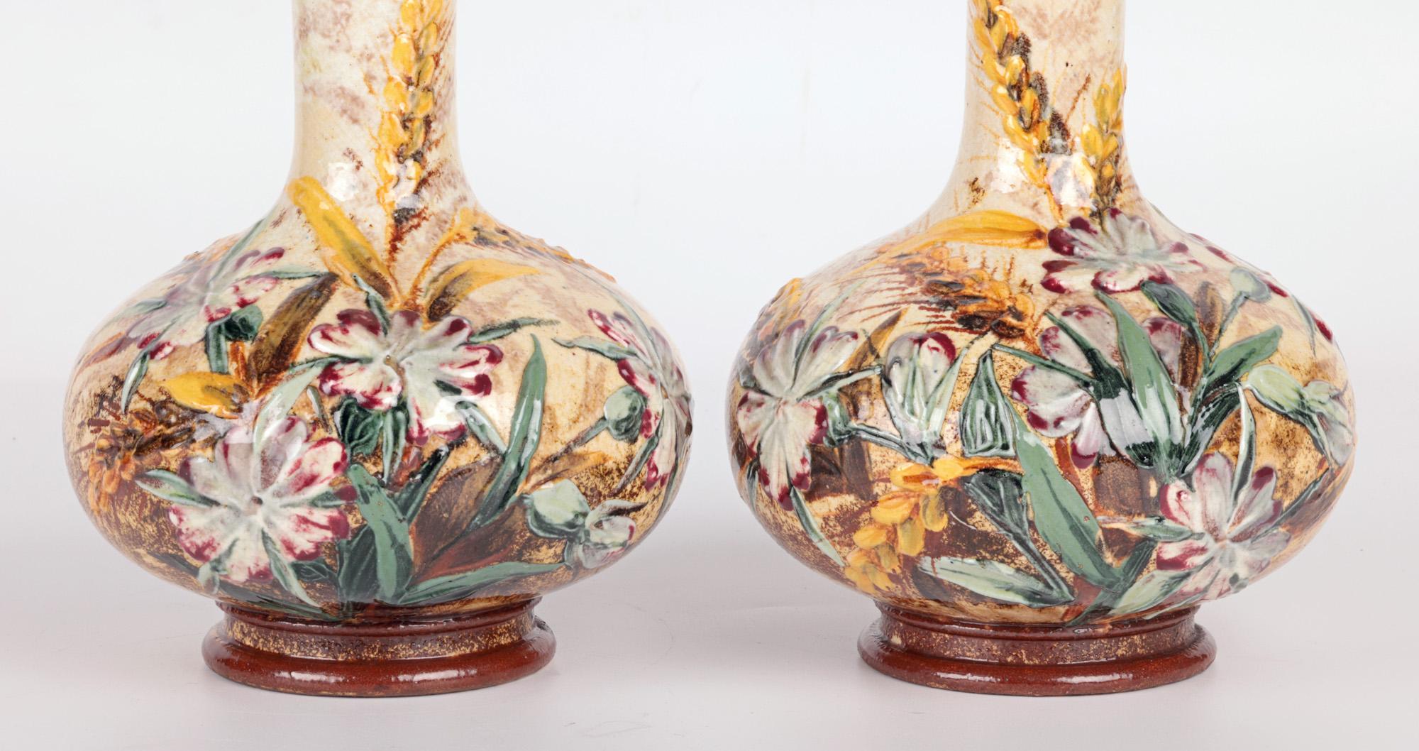 Aesthetic Movement Frances Linnell Rare Doulton Lambeth Pair Impasto Floral Vases