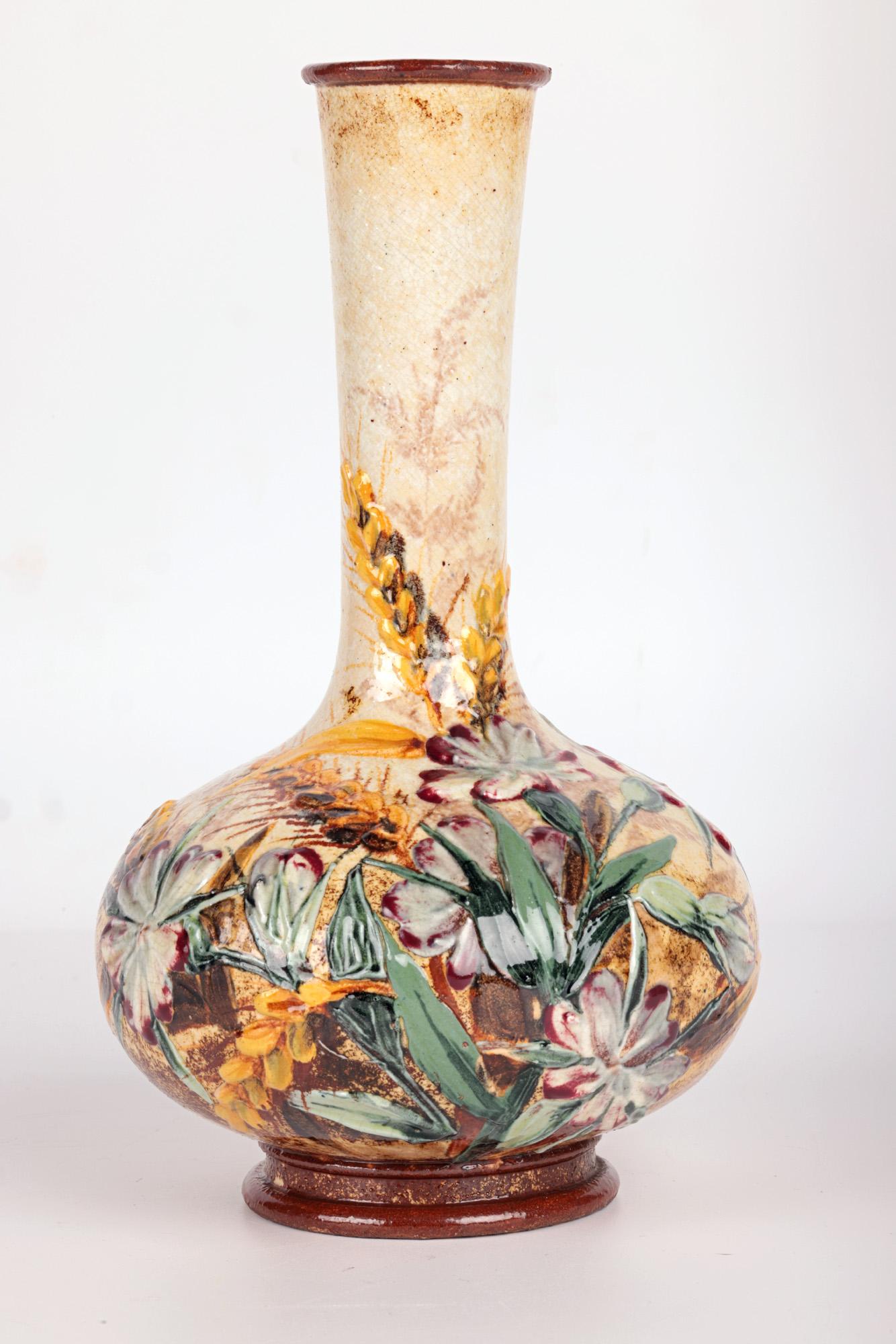 English Frances Linnell Rare Doulton Lambeth Pair Impasto Floral Vases