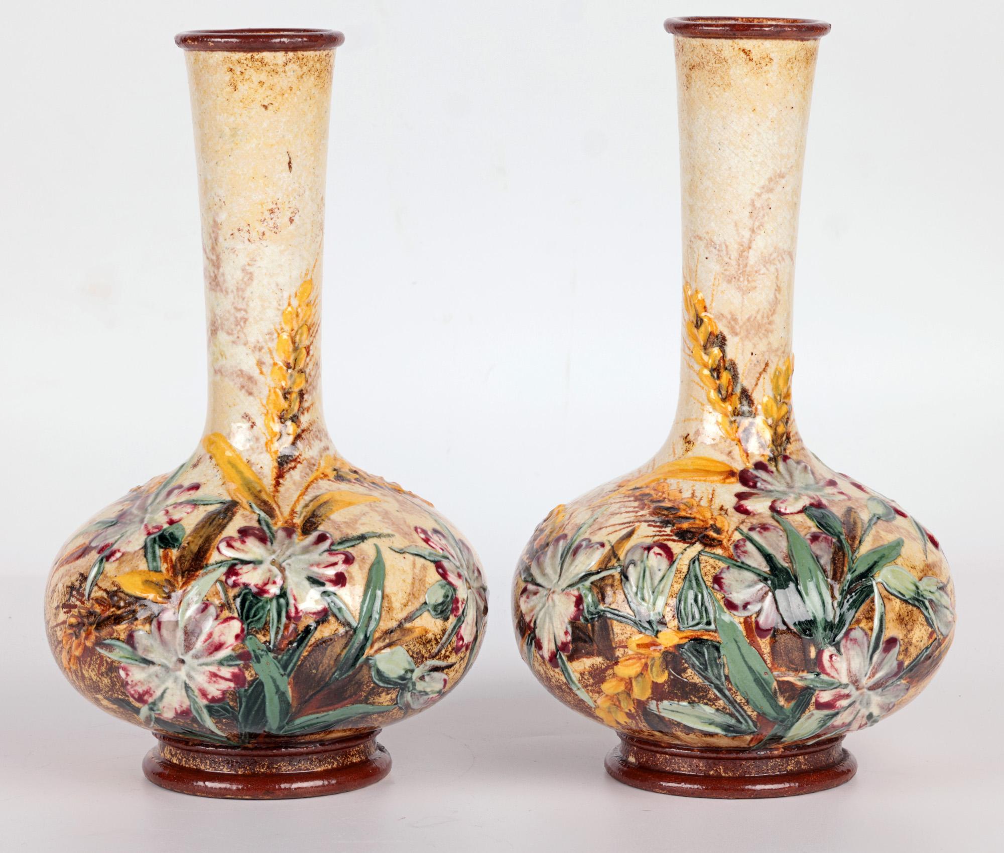 Hand-Painted Frances Linnell Rare Doulton Lambeth Pair Impasto Floral Vases