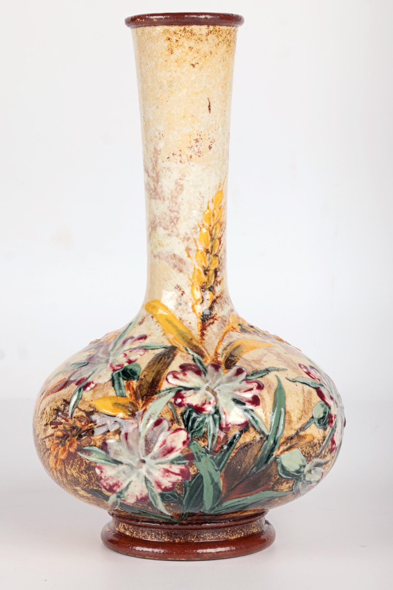 Late 19th Century Frances Linnell Rare Doulton Lambeth Pair Impasto Floral Vases