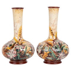 Frances Linnell Rare Doulton Lambeth Pair Impasto Floral Vases