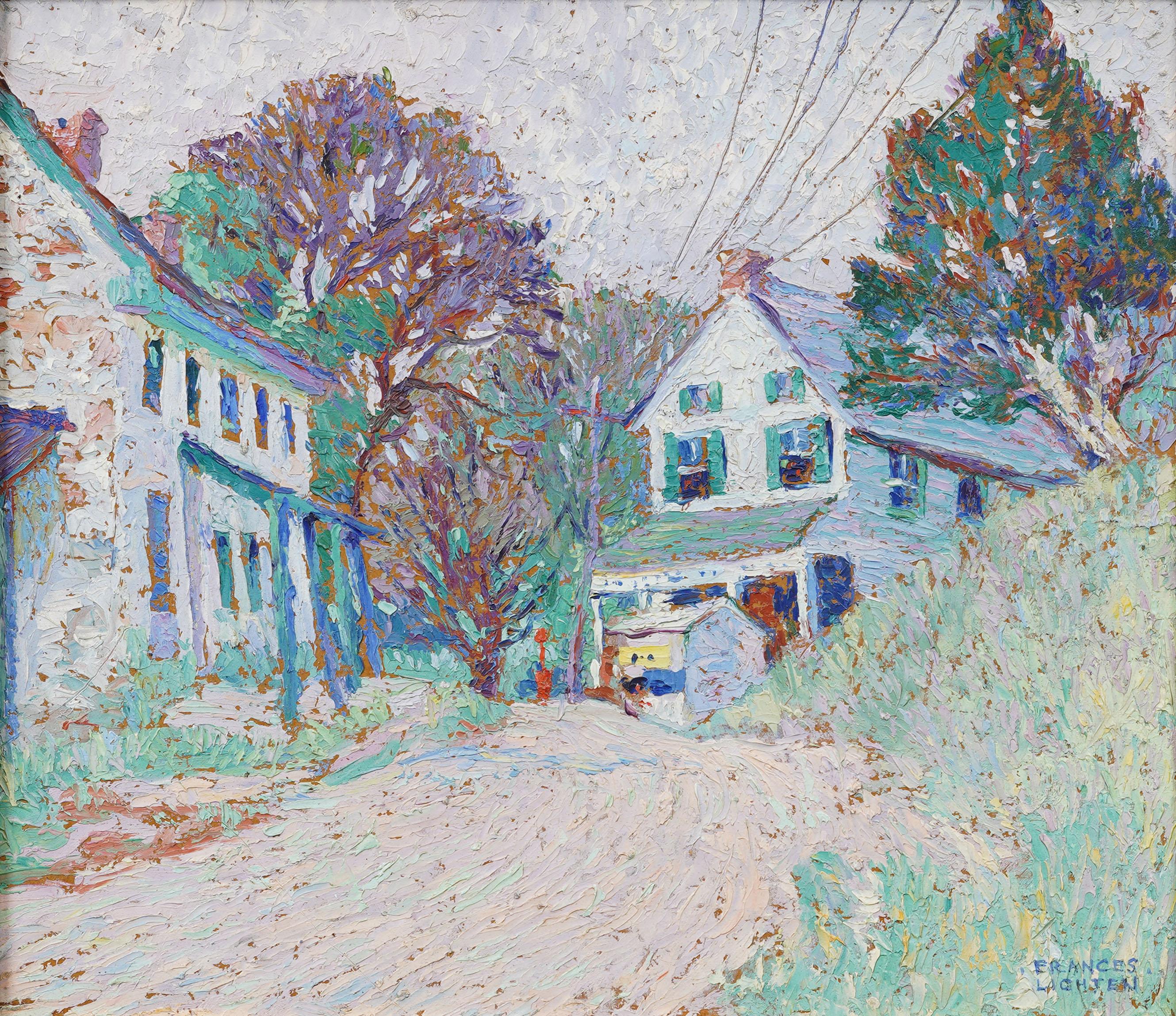 Peinture à l'huile impressionniste américaine ancienne, joliment encadrée, paysage de Pennsylvanie - Impressionnisme Painting par Frances M. Lichten 