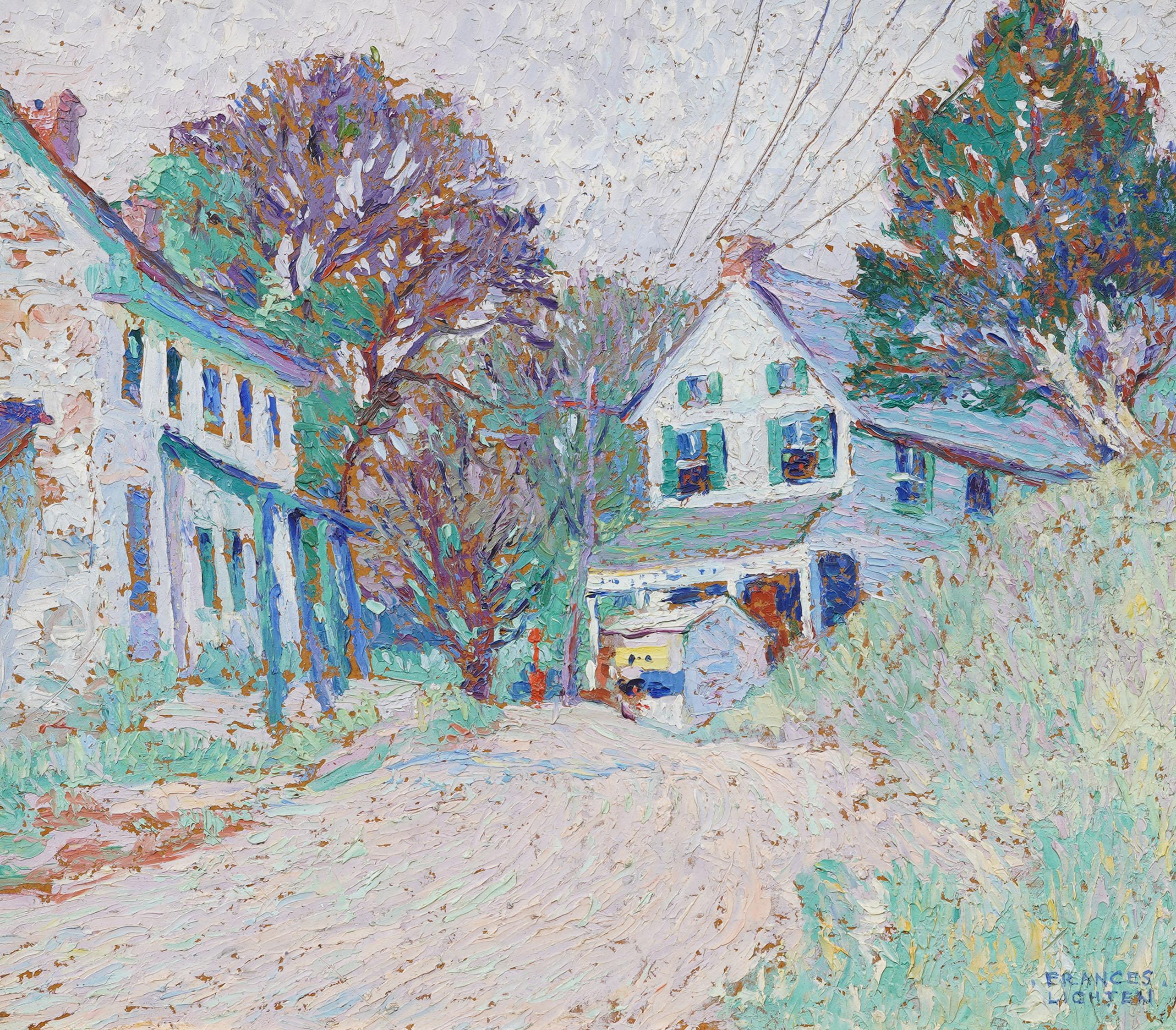 Peinture à l'huile impressionniste américaine ancienne, joliment encadrée, paysage de Pennsylvanie - Marron Landscape Painting par Frances M. Lichten 