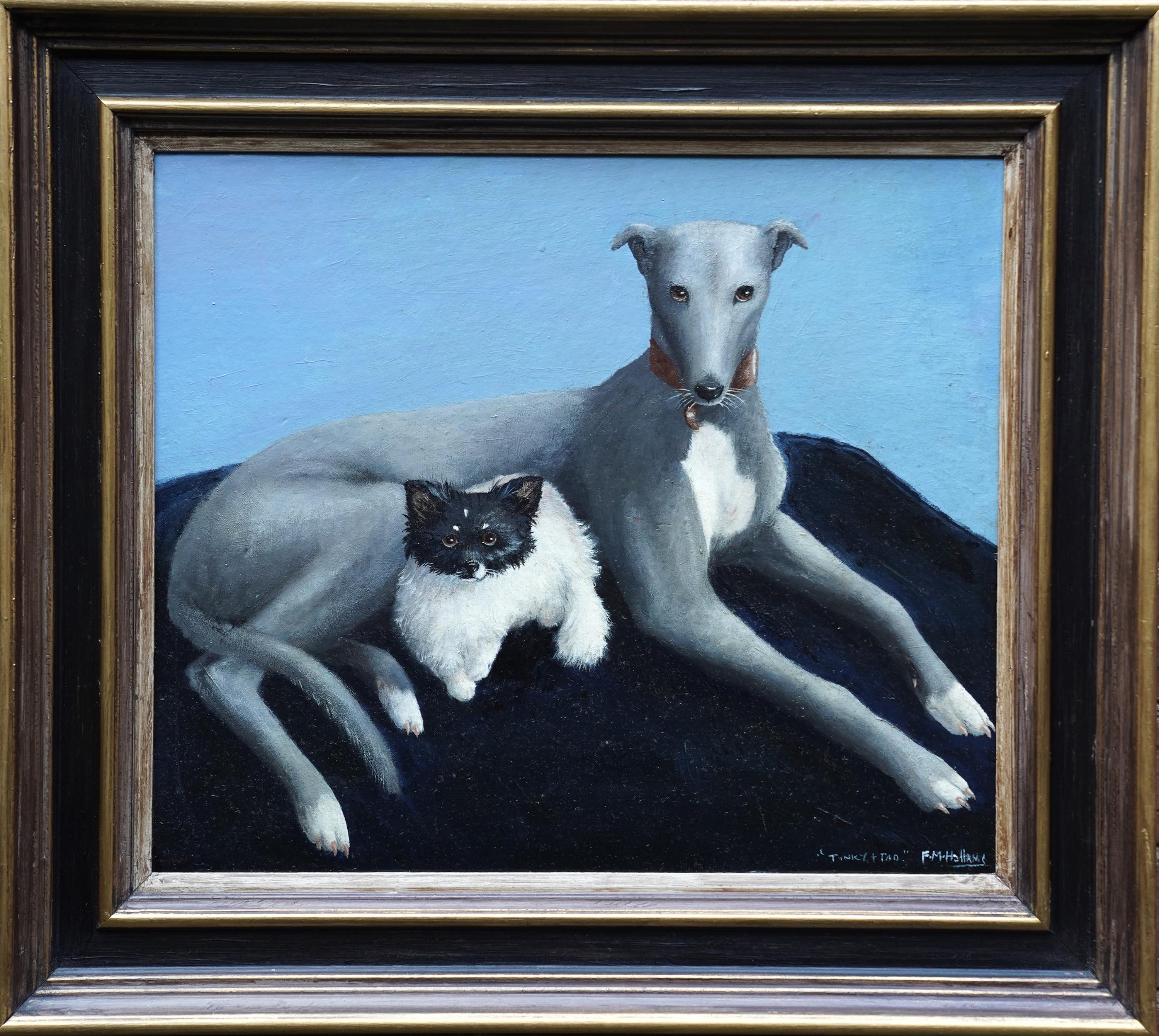 Retrato de dos perros Tinky y Tad - Pintura al óleo de arte animal británico