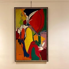 Monumental Framed Colorful Abstract Painting on Canvas by Frances Morofsky 1960s
