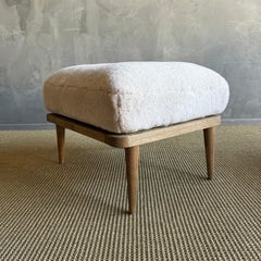 Frances Ottoman Oak Ottoman Upholstered in Genuine Sheepskin with Down Foam Core