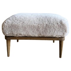 Frances Ottoman Oak Ottoman Upholstered in Genuine Sheepskin with Down Foam Core