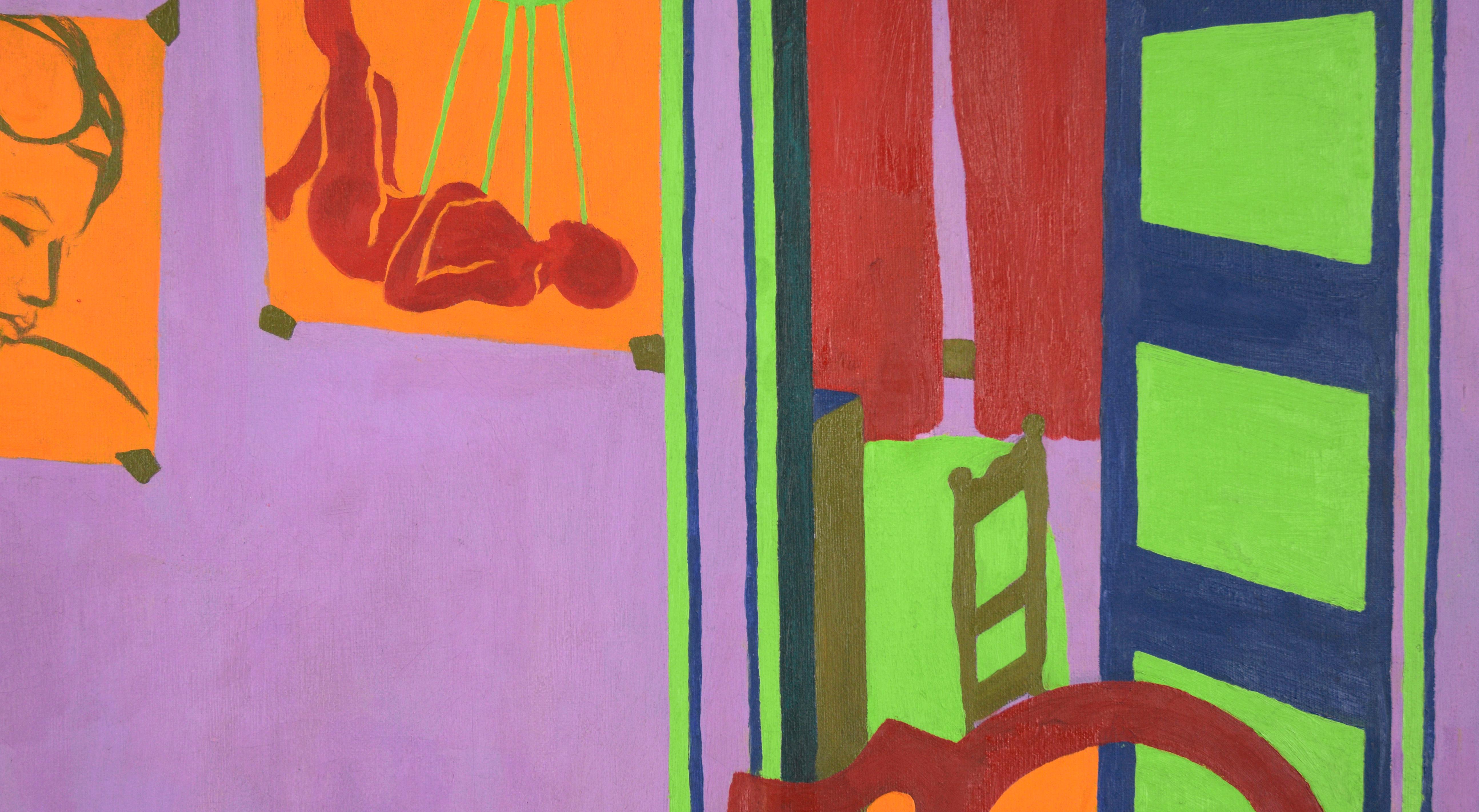 Die Wohnung des Künstlers Mitte des Jahrhunderts Fauvist Innenszene Original Öl auf Leinwand

Lebhafte Innenraumszene der Künstlerin Frances Rinaldo (Amerikanerin, geb. 1943) aus Santa Cruz, Kalifornien. In einem farbenfrohen Raum stehen ein Stuhl,
