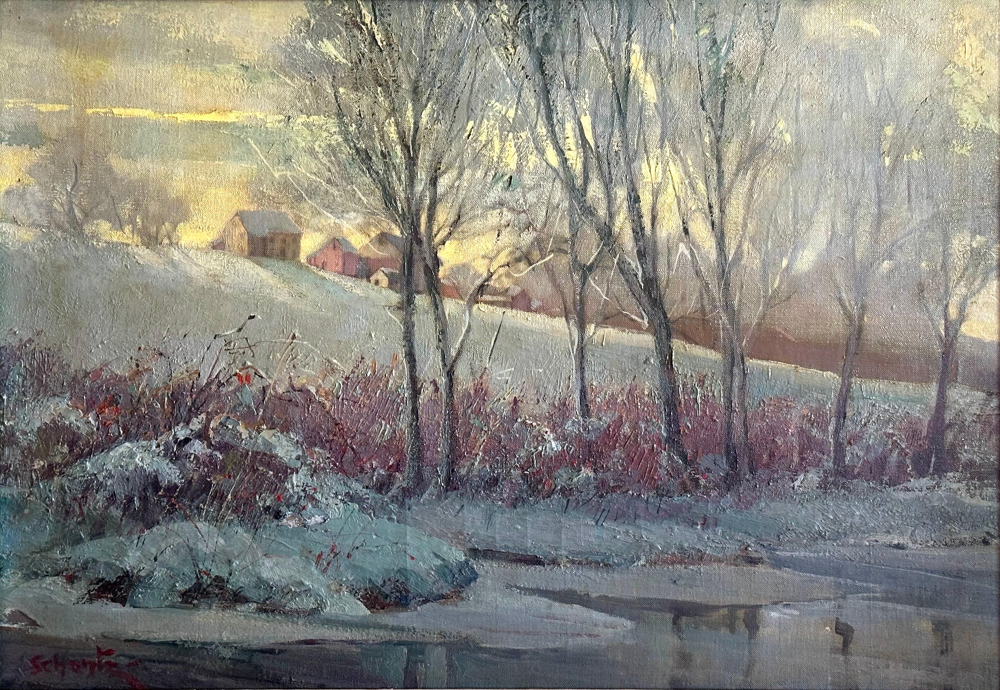 Brief December Day (PA Impressionist Bucks Co. Winter Landscape) - American Impressionist Painting by Frances Schantz