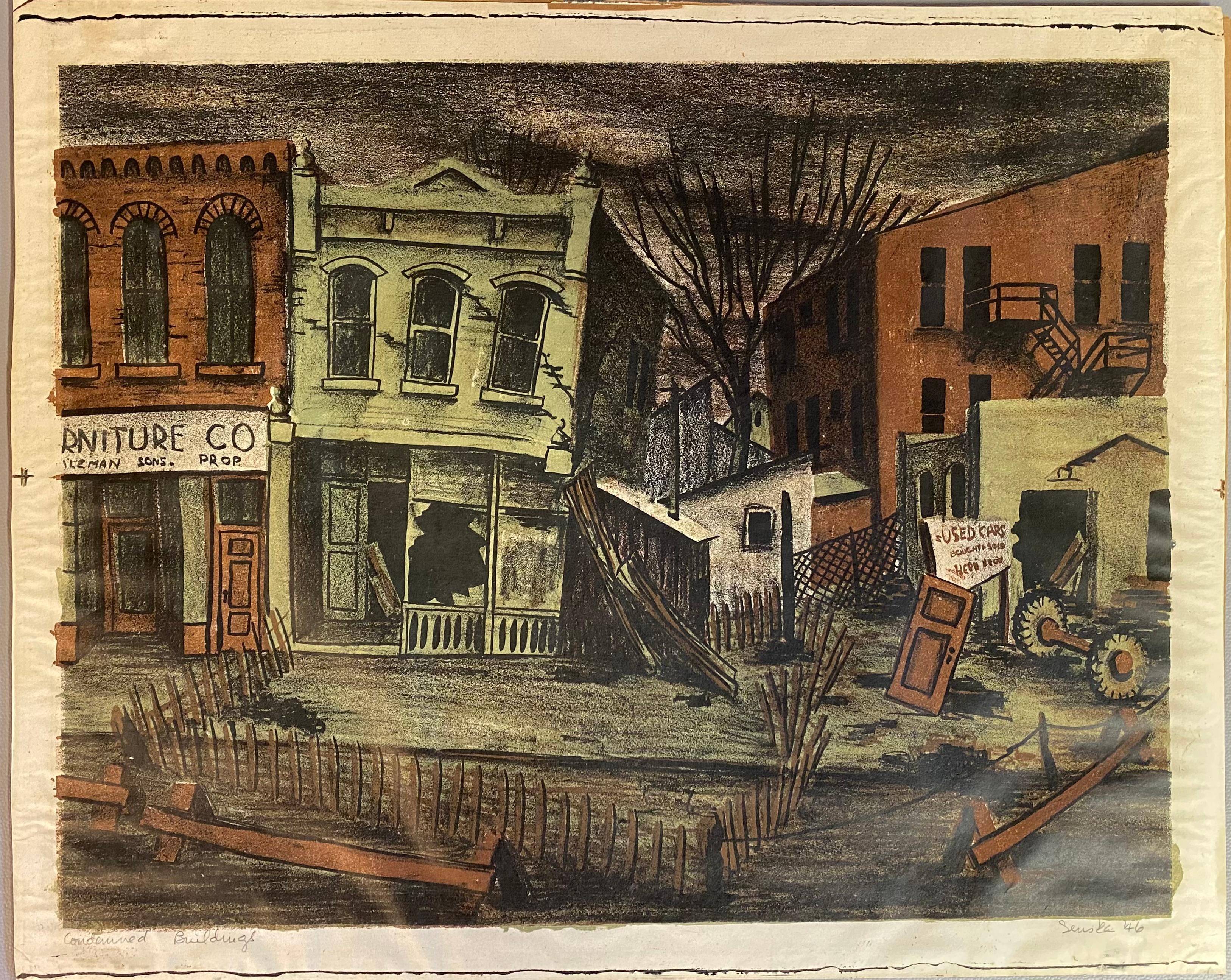 Frances Senska, Lithographie „Condemned Buildings“, 1946, Bozeman, Montana im Angebot 11