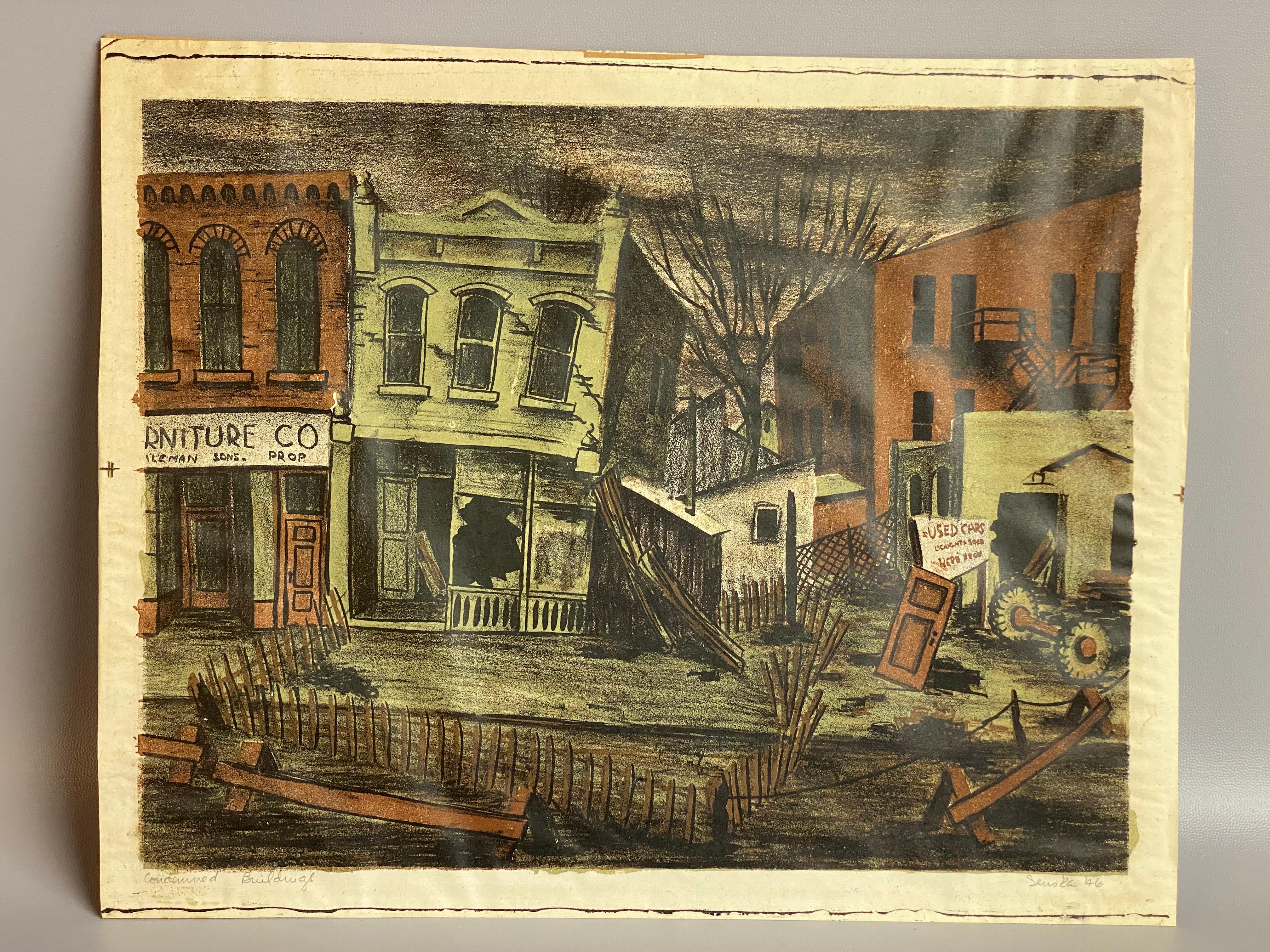 Condemned Buildings Lithografie von Frances Senska, Bozeman, Montana. Ca. 1946.  Auf dem Rückkarton mit Bleistift betitelt und am unteren Rand der Vorderseite signiert: Sensak '46. Frances Senska ist in Montana geboren und aufgewachsen und ist vor