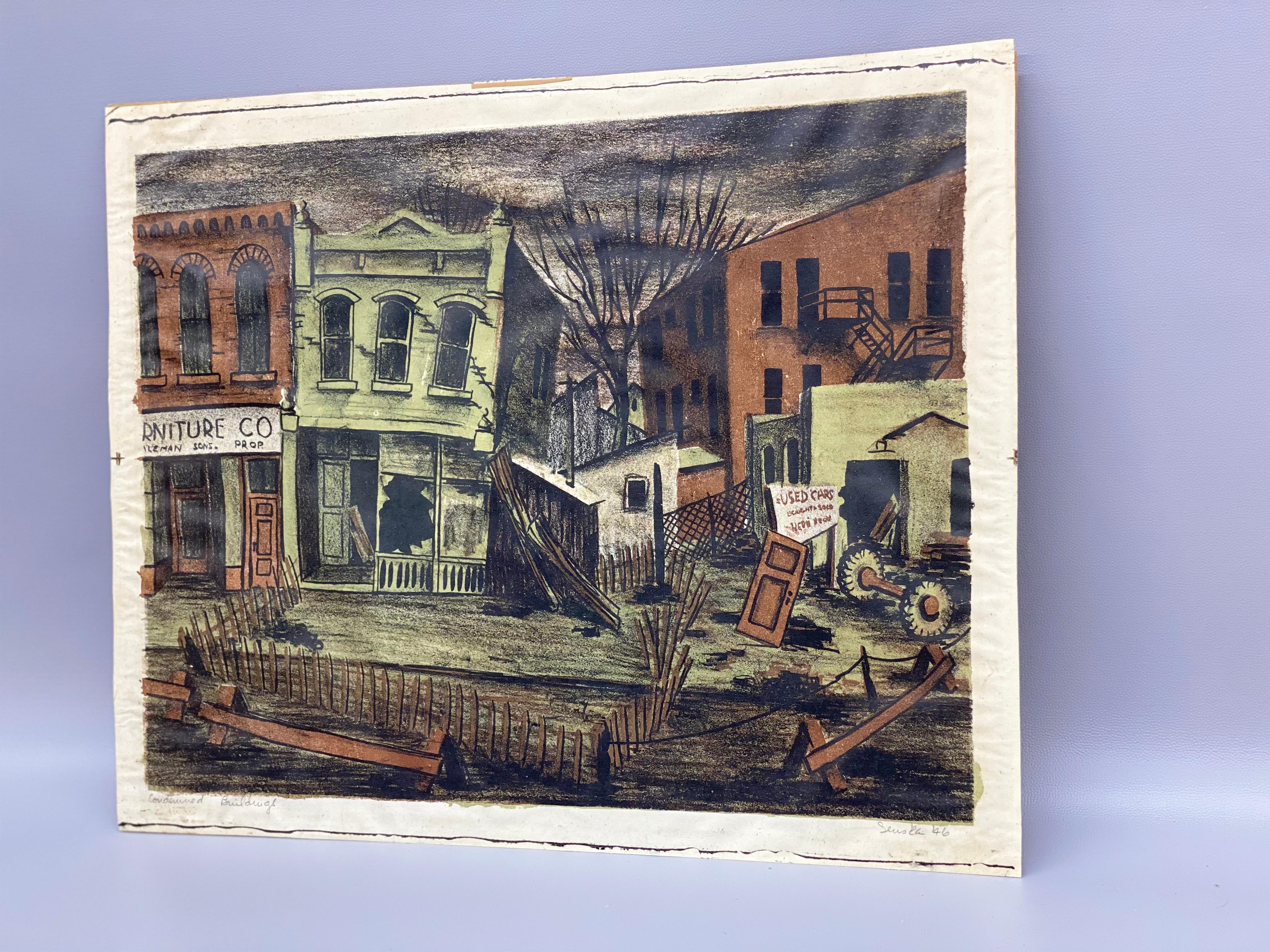 Frances Senska, Lithographie „Condemned Buildings“, 1946, Bozeman, Montana (amerikanisch) im Angebot