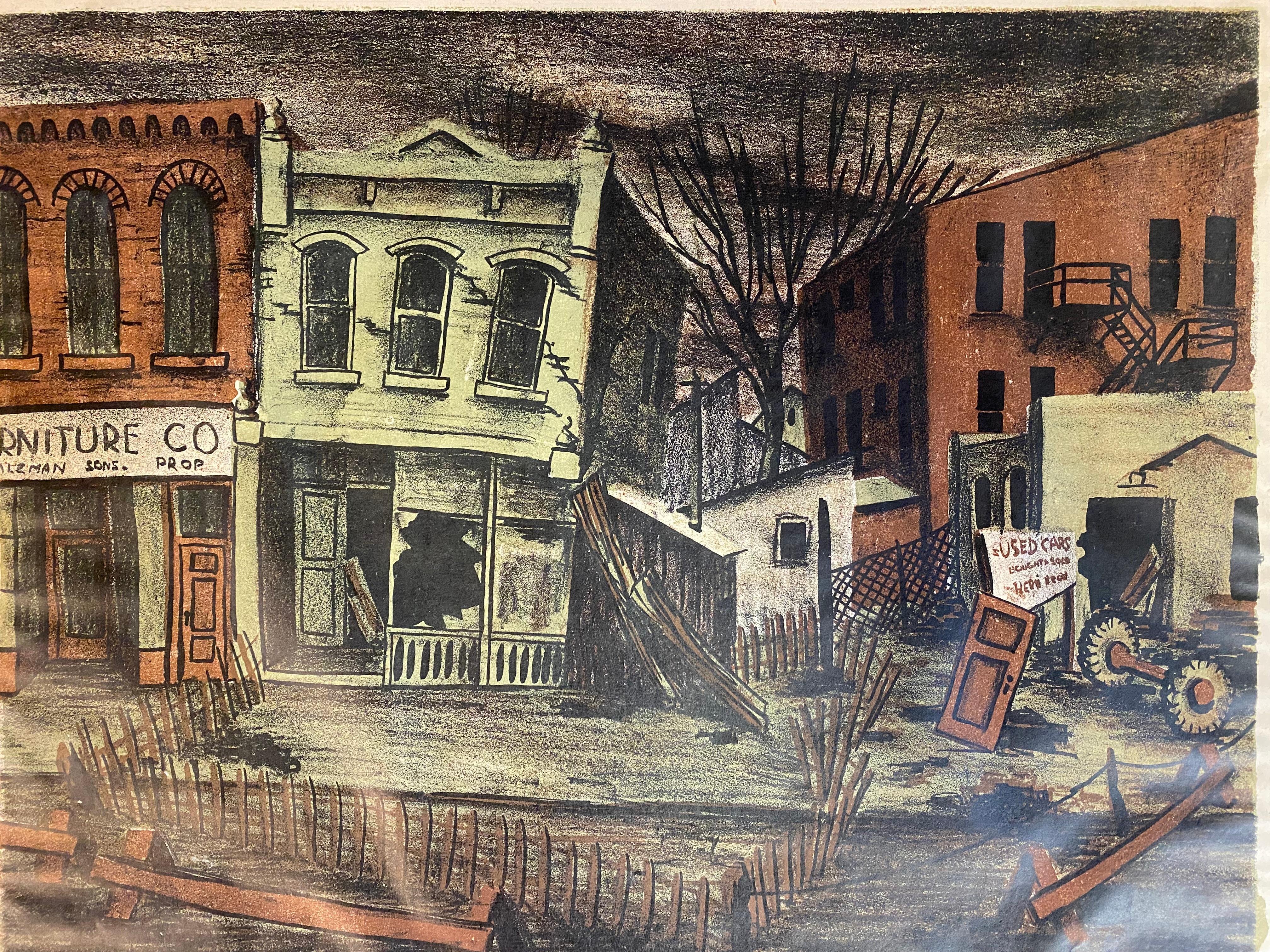Frances Senska, Lithographie „Condemned Buildings“, 1946, Bozeman, Montana im Zustand „Gut“ im Angebot in Garnerville, NY