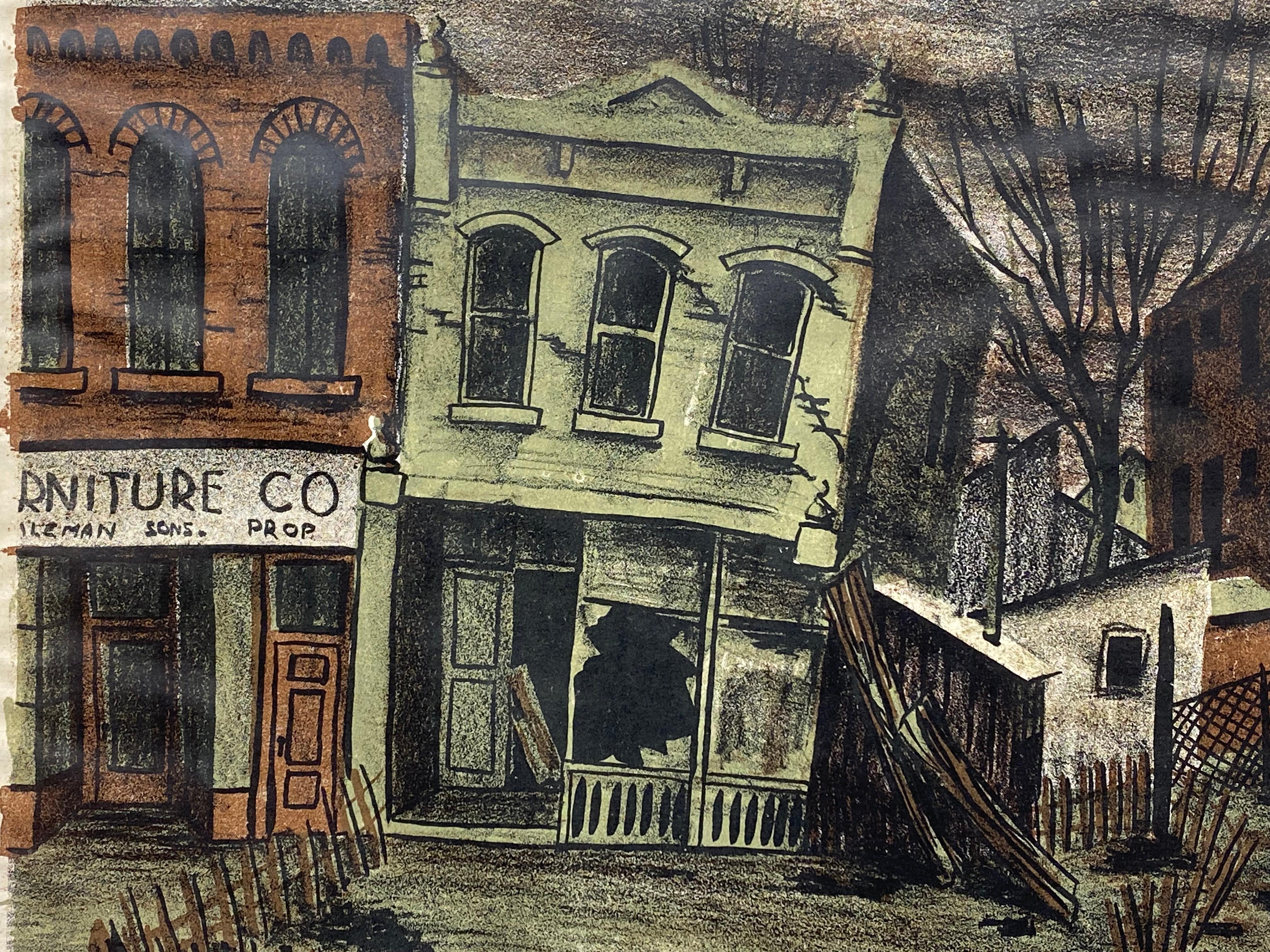 Frances Senska, Lithographie „Condemned Buildings“, 1946, Bozeman, Montana (Mitte des 20. Jahrhunderts) im Angebot