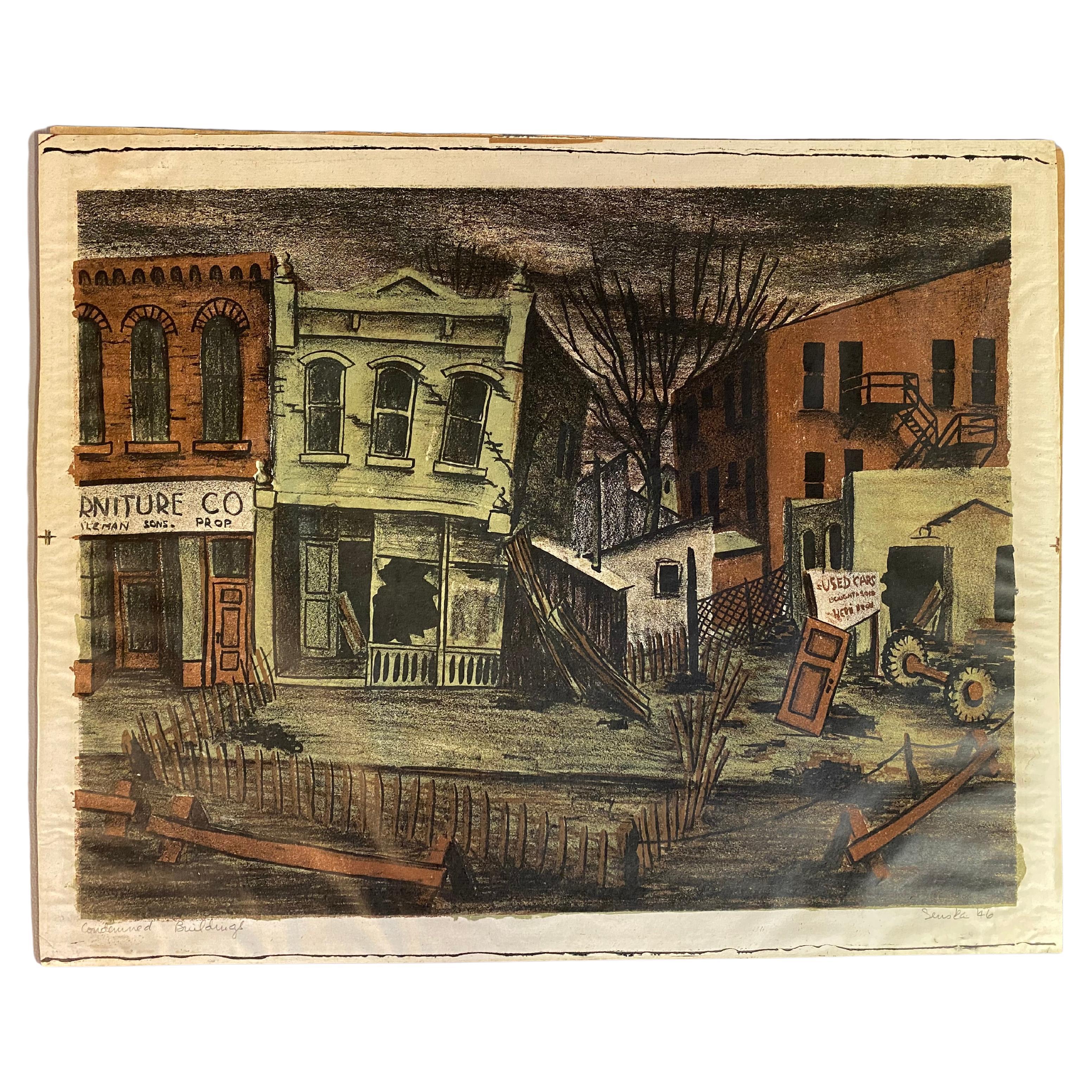 Frances Senska Condemned Buildings Lithograph, 1946, Bozeman, Montana