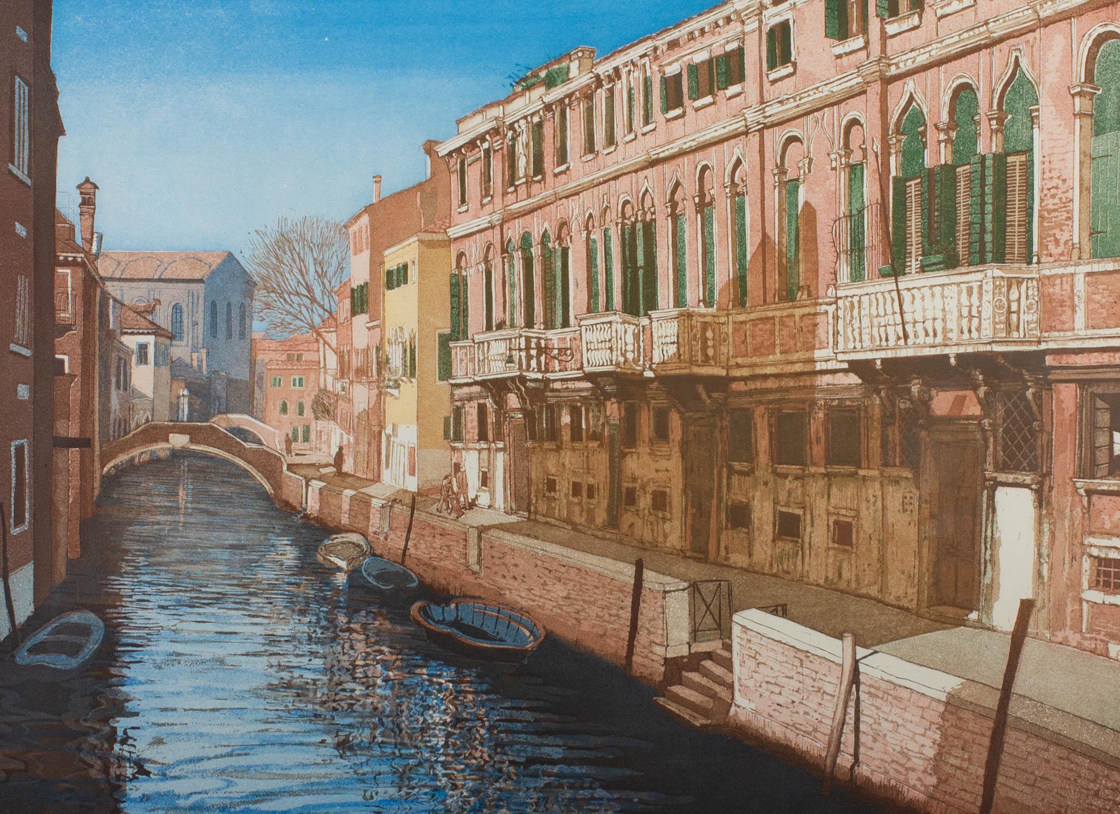 A picturesque view of the Fondamenta Zen in Venice autumnal day. The artist has signed, inscribed and numbered (79/150) to the lower edge. The aquatint has been presented in a fine brushed gilt frame with card mount. On wove.
