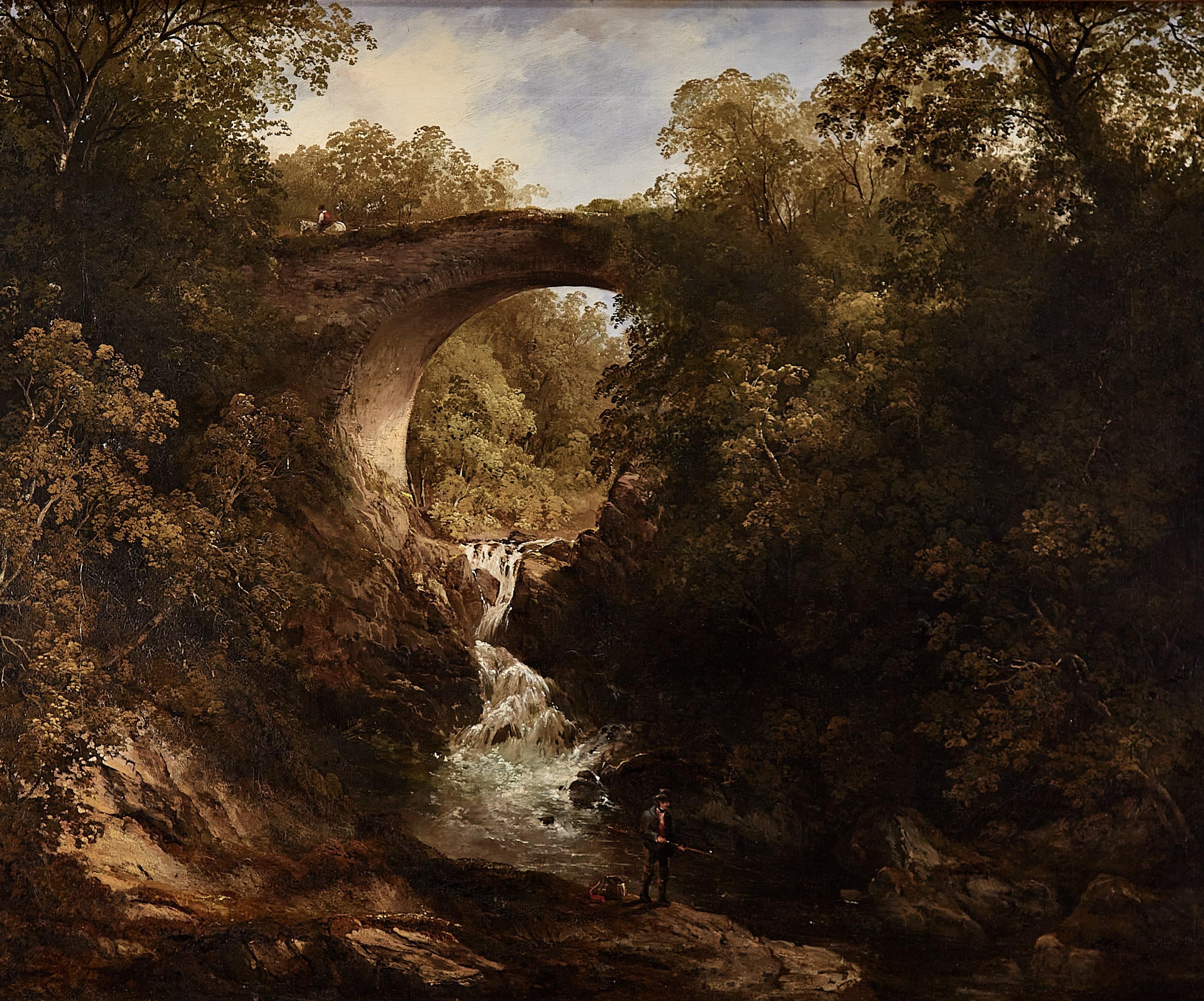 19th century Scottish wooded landscape with stone bridge over a flowing river - Painting by Frances Stoddart