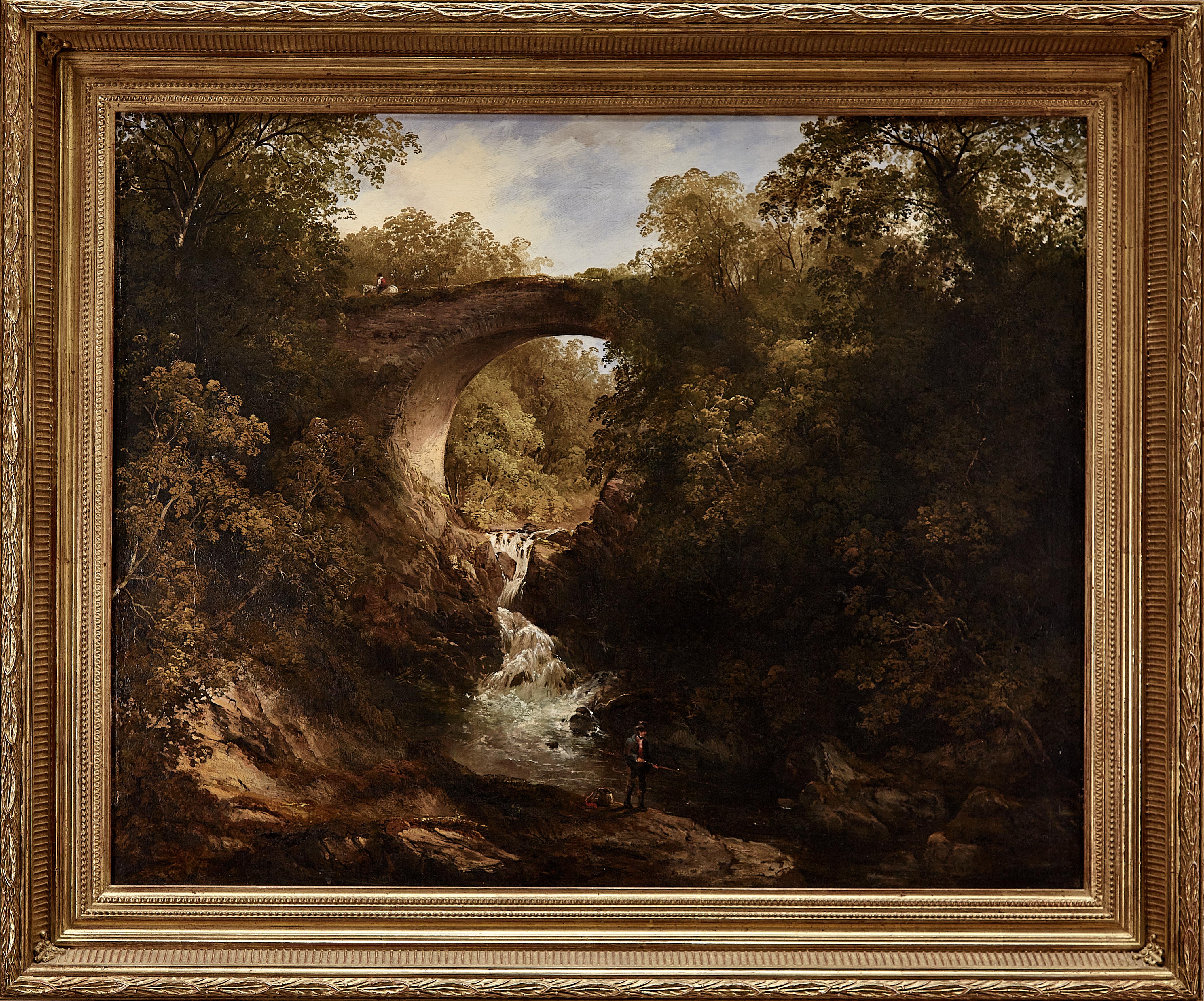 Frances Stoddart Landscape Painting - 19th century Scottish wooded landscape with stone bridge over a flowing river