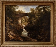 19th century Scottish wooded landscape with stone bridge over a flowing river