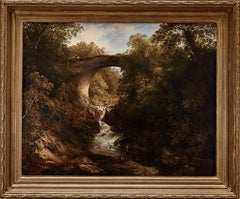 Antique 19th century Scottish wooded landscape with stone bridge over a flowing river