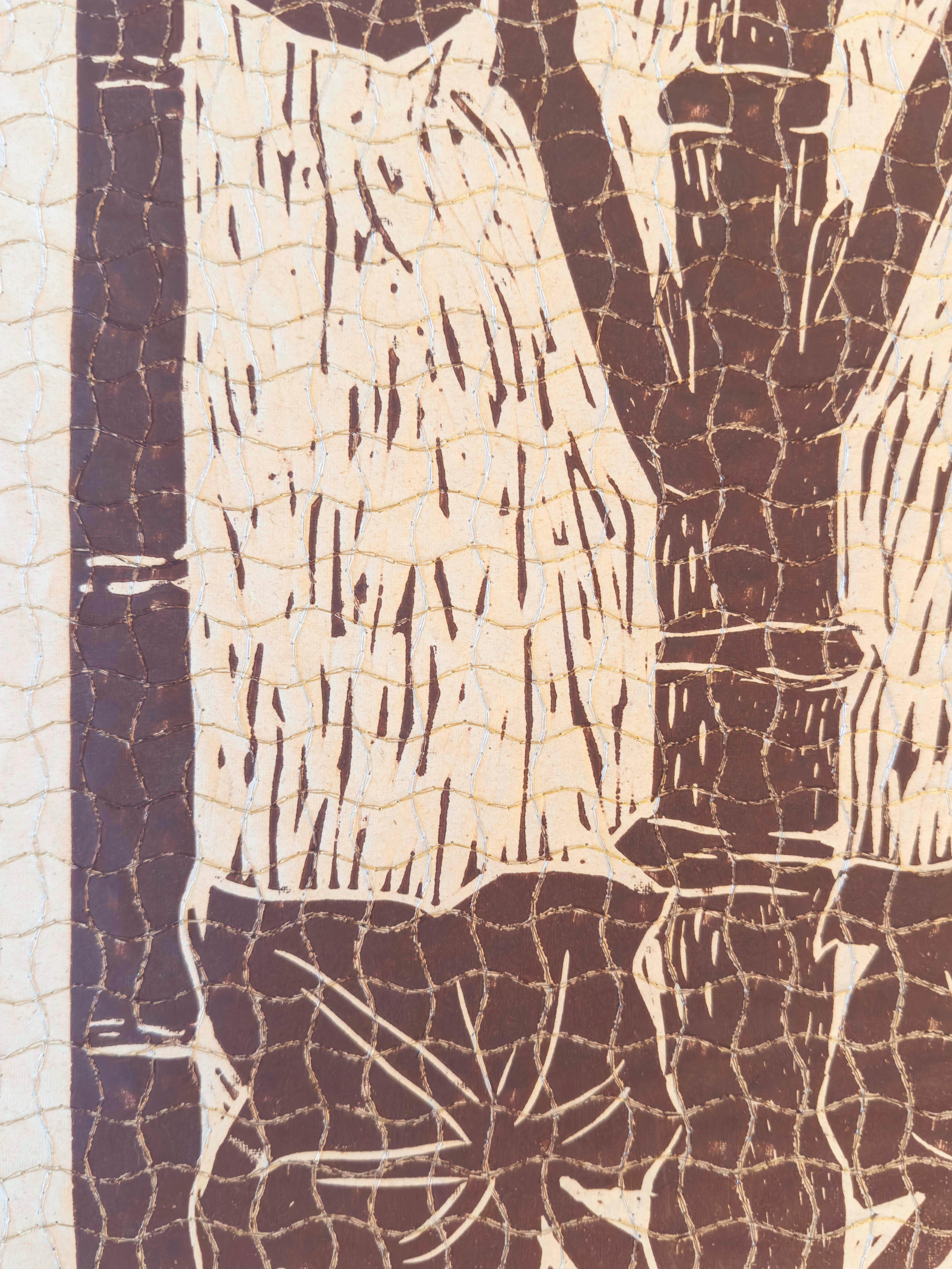 A pair of umber-toned prints on handmade paper. The two prints are embellished with silver and gold thread sewn into the paper, creating a grid.