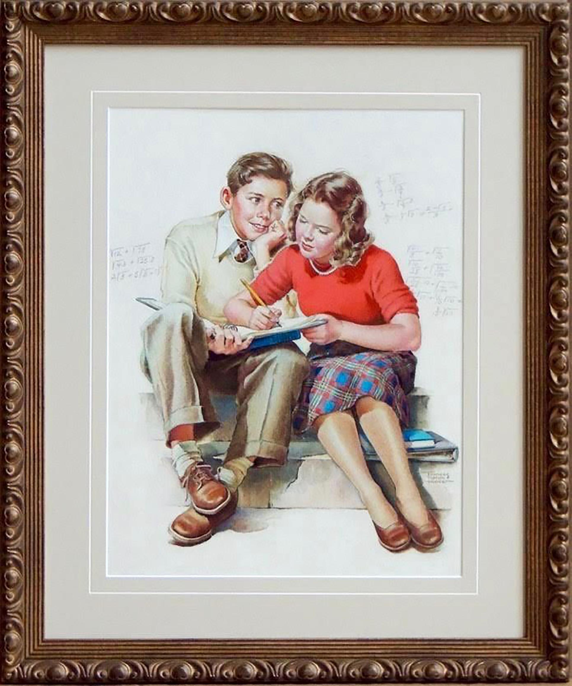 Girl Helping Admiring Boy with his Math Homework - Painting by Frances Tipton Hunter