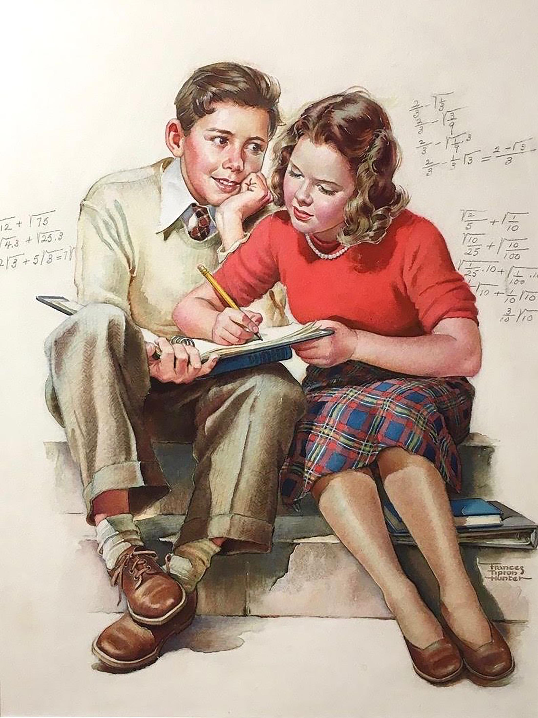 Frances Tipton Hunter Figurative Painting - Girl Helping Admiring Boy with his Math Homework