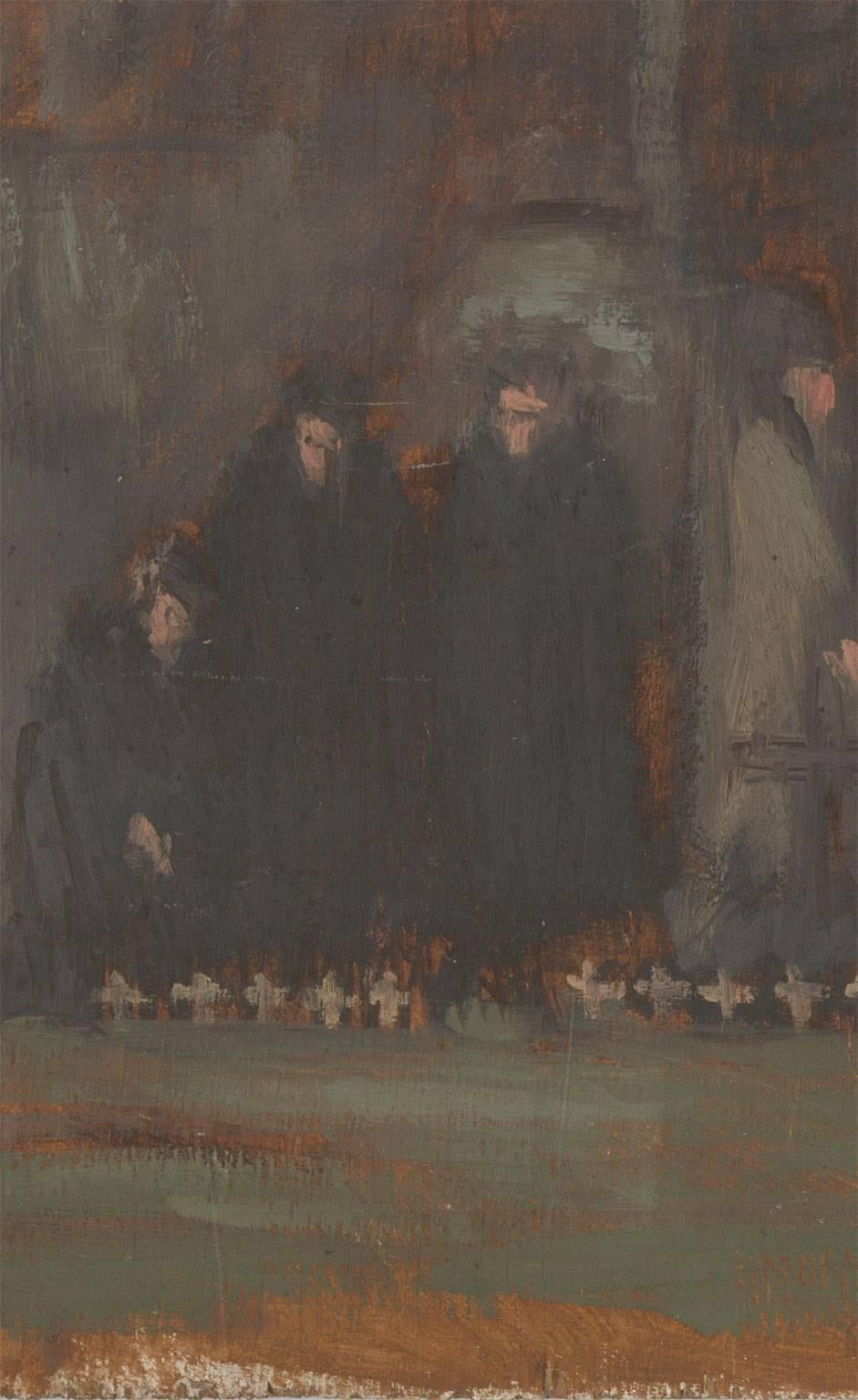 A sombre and atmospheric depiction of a group of mourners at the Field of Remembrance, Westminster Abbey. Inscribed on the reverse.On board.

Image size: 29.7 x 55.7cm (11.7