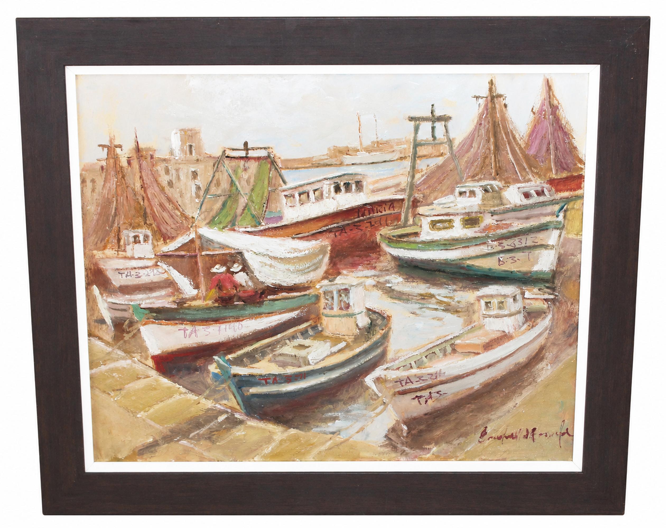 Francesc Carbonell Massabe Landscape Painting – „Barcas en reposo“ (Tarragona) – Öl auf Leinwand – signiert und gerahmt